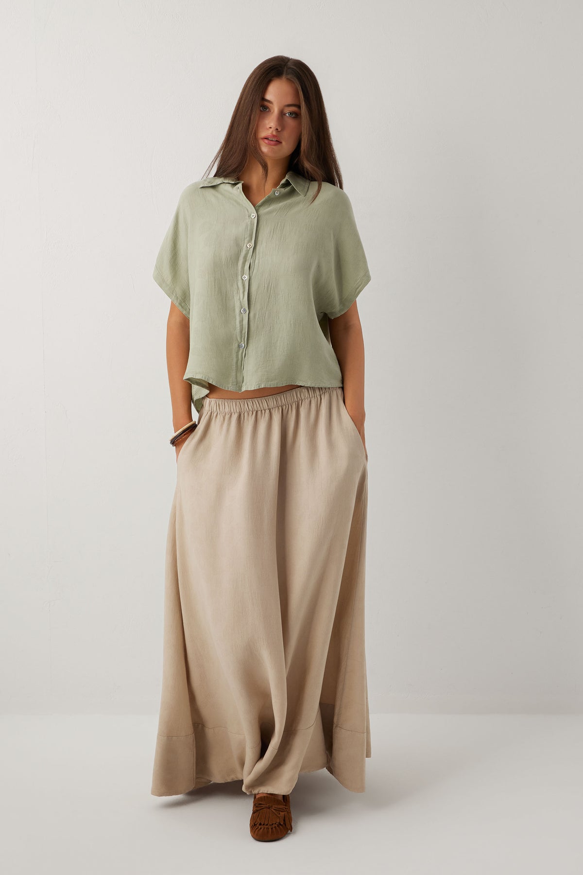 Woven Flora Dokulu Jakar Tensel Çan Kadın Maxi Etek #renk_Vizon