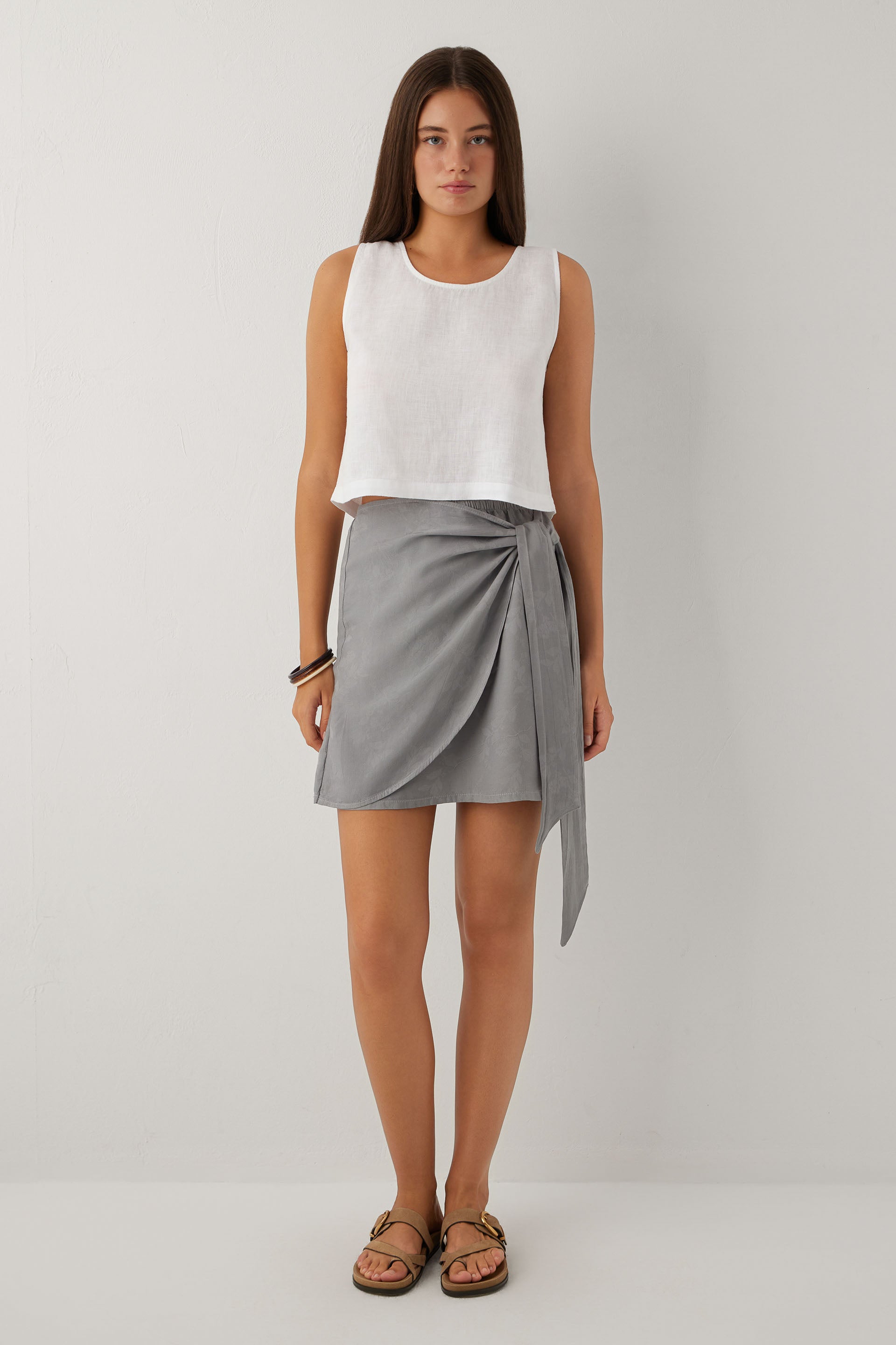Woven Flora Tensel Bağlamalı Mini Etek #renk_Gri