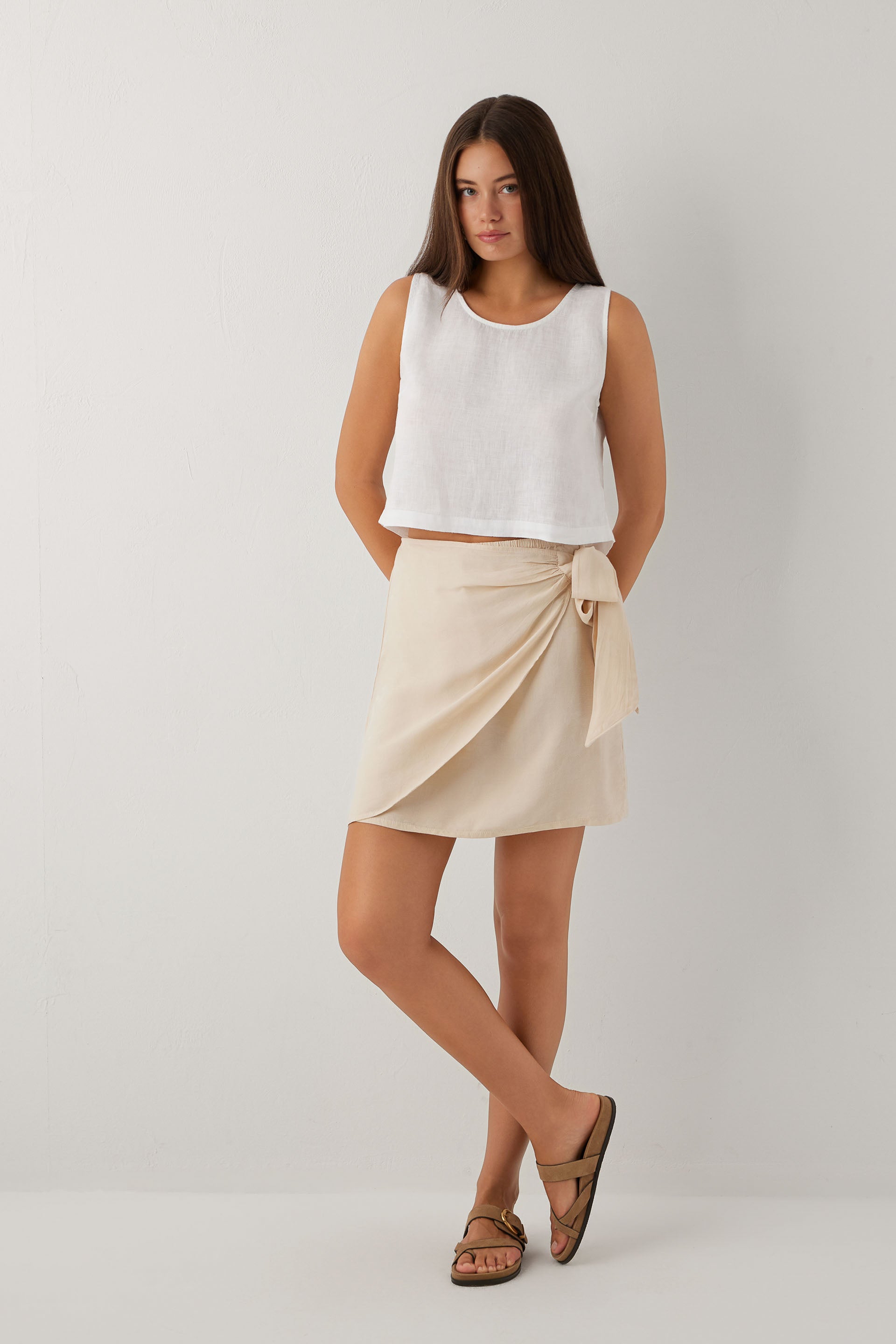 Woven Flora Tensel Bağlamalı Mini Etek #renk_Bej