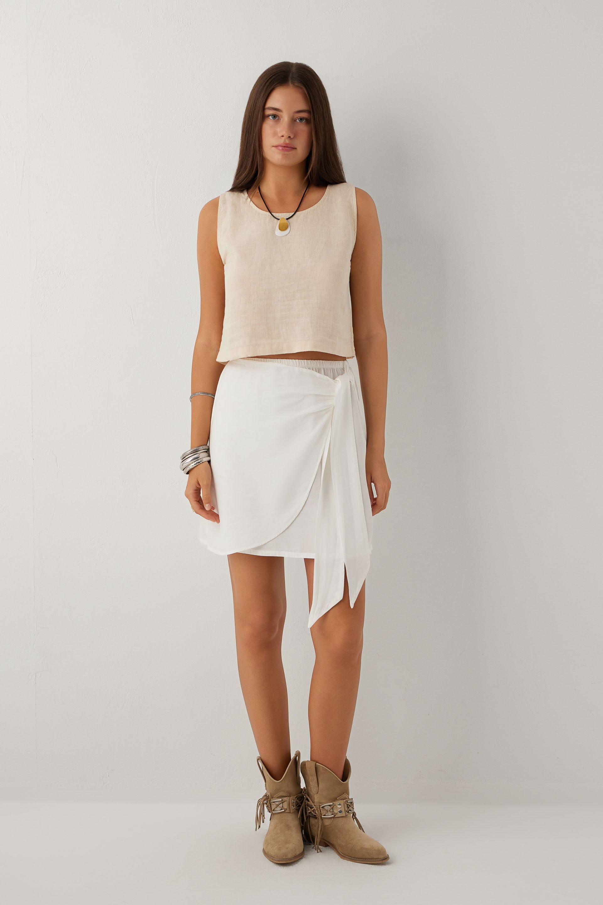 Woven Flora Tensel Bağlamalı Mini Etek #renk_Beyaz