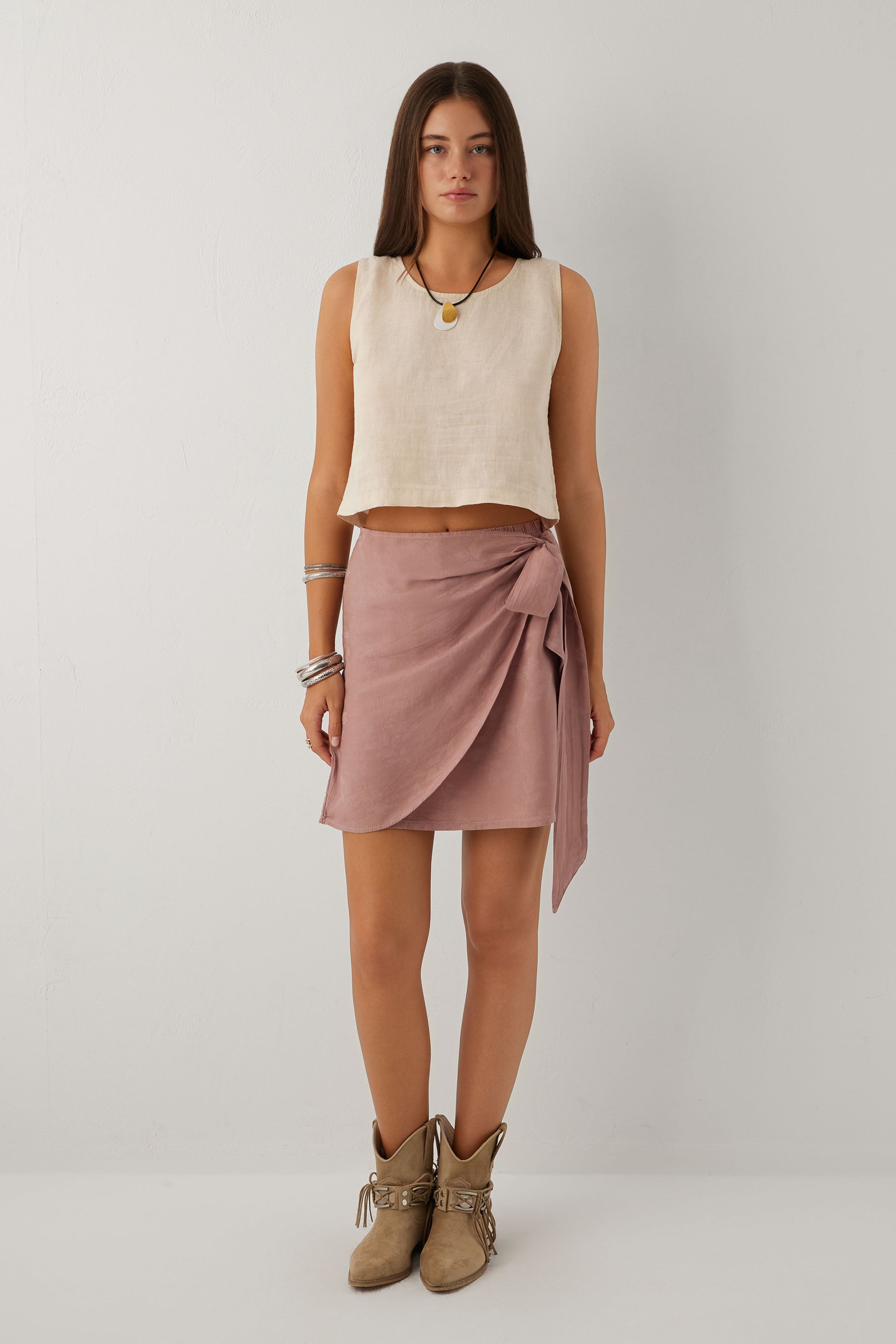Woven Flora Tensel Bağlamalı Mini Etek #renk_Rose