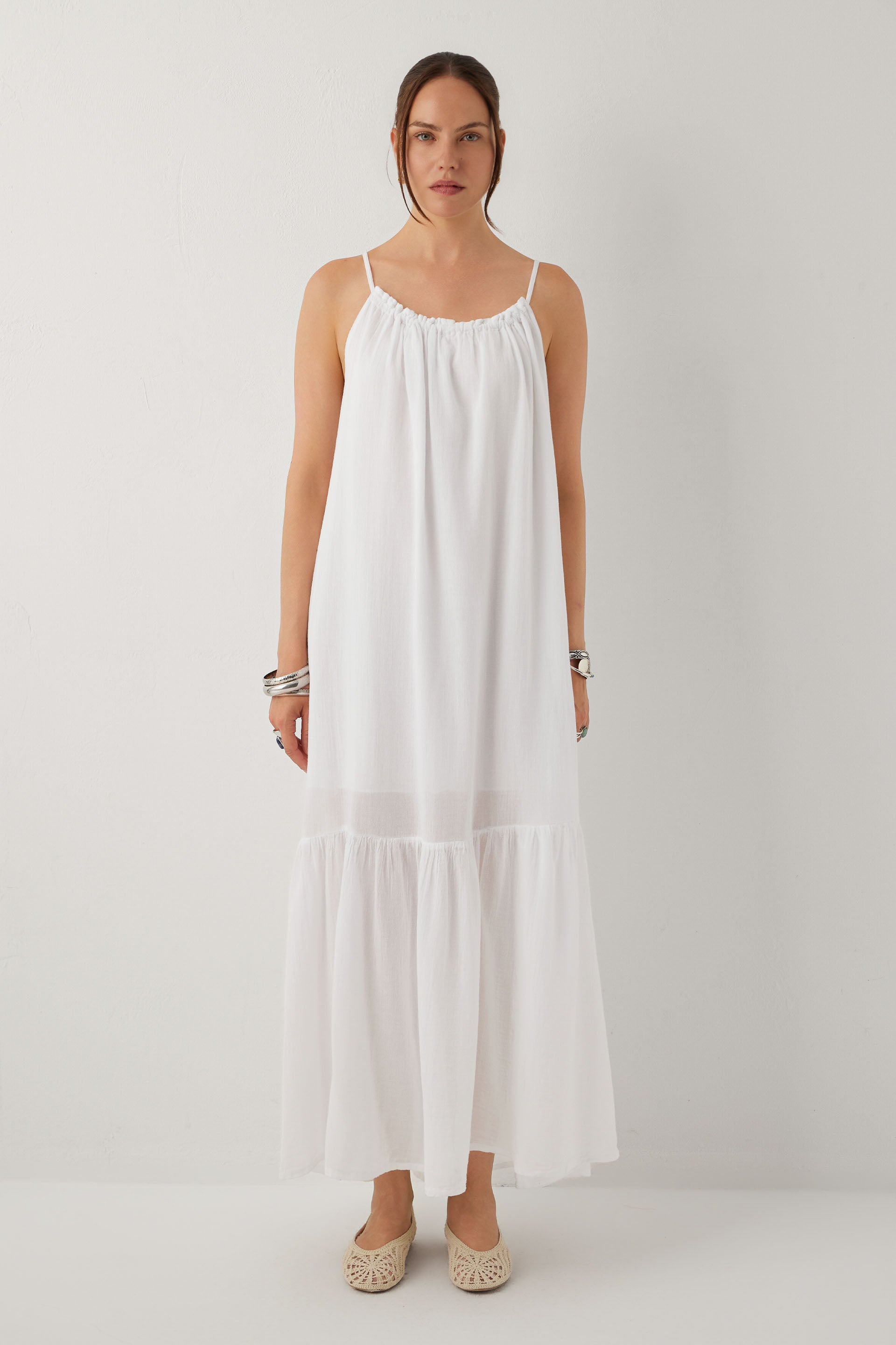 Breeze Vual Kumaş Büzgü Yaka Maxi Elbise #renk_Beyaz