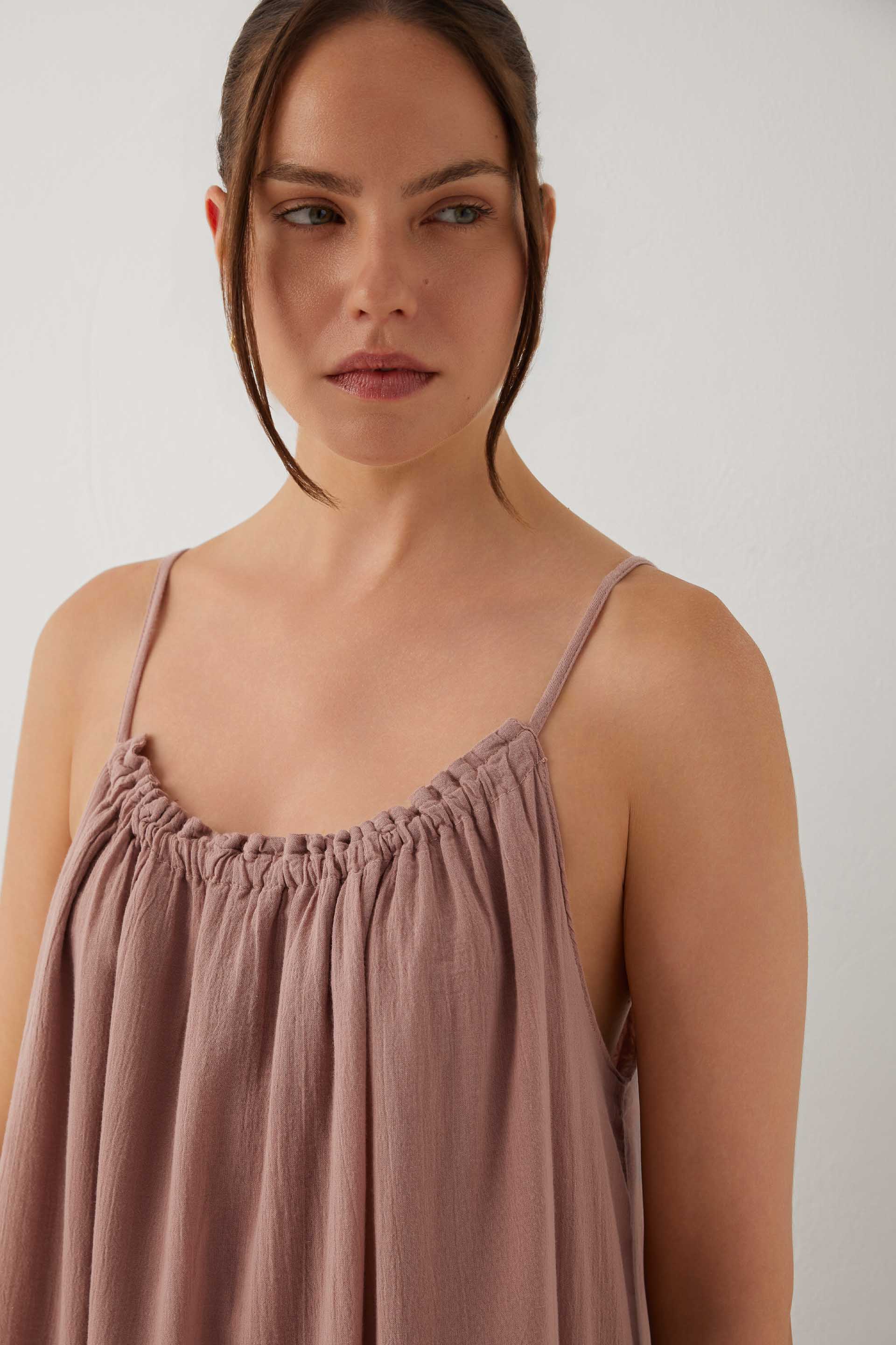 Breeze Vual Kumaş Büzgü Yaka Maxi Elbise #renk_Rose