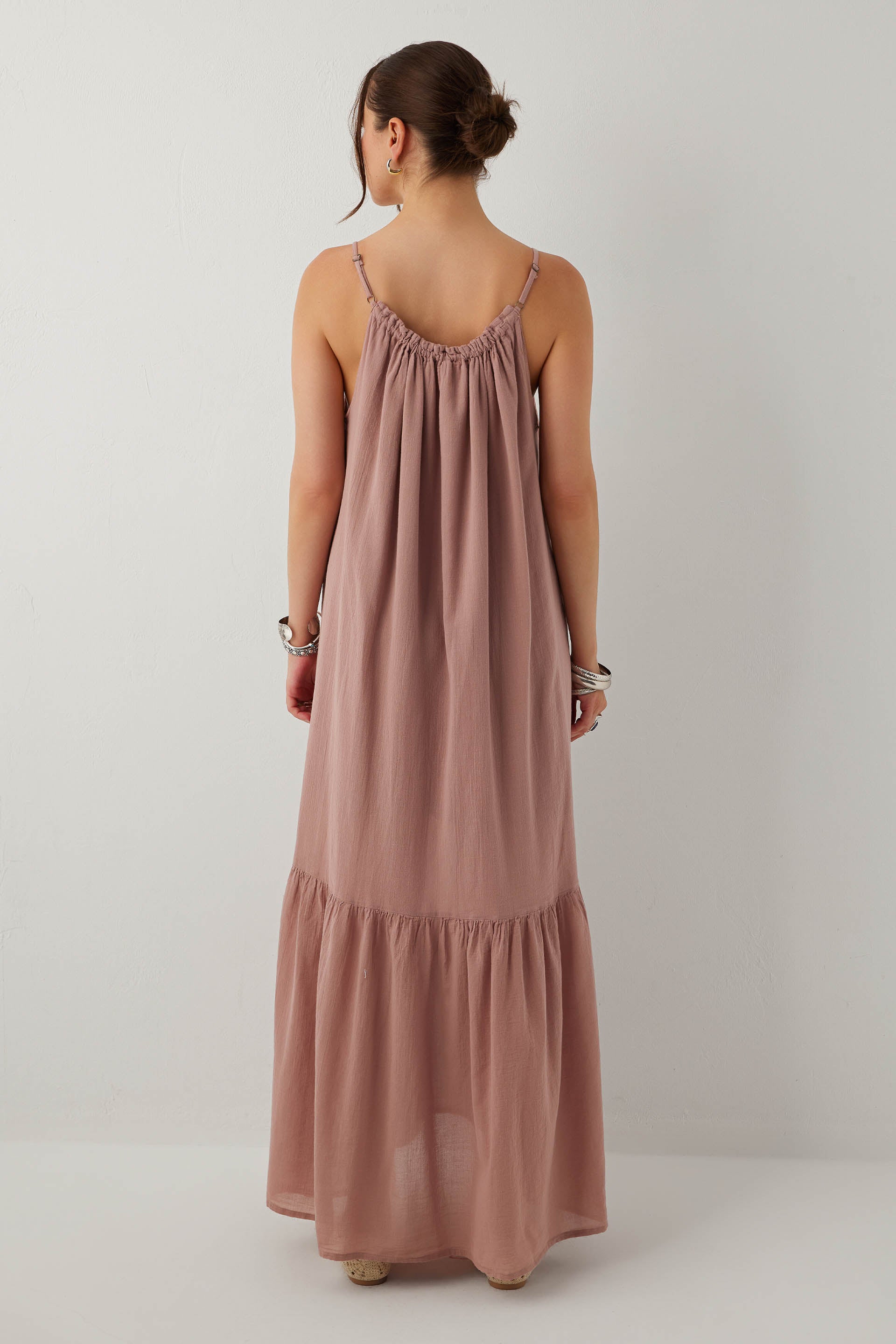 Breeze Vual Kumaş Büzgü Yaka Maxi Elbise #renk_Rose