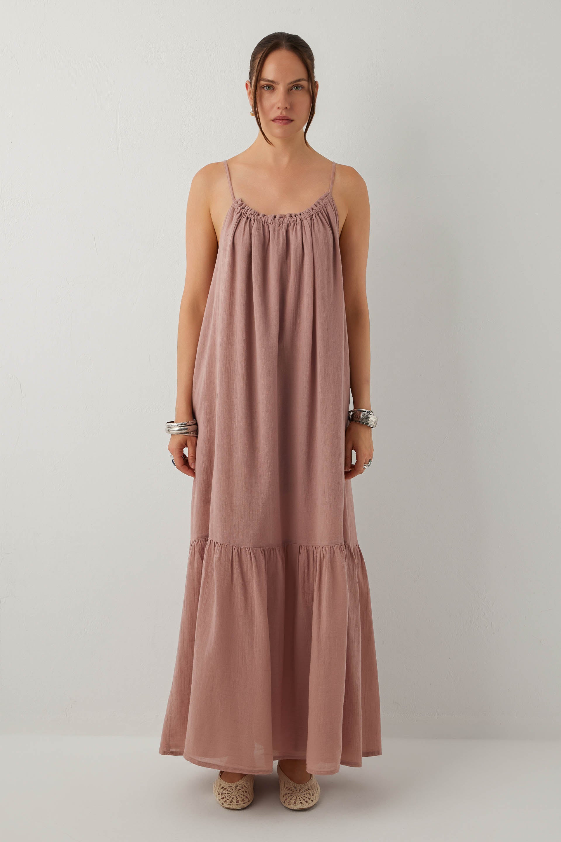 Breeze Vual Kumaş Büzgü Yaka Maxi Elbise #renk_Rose