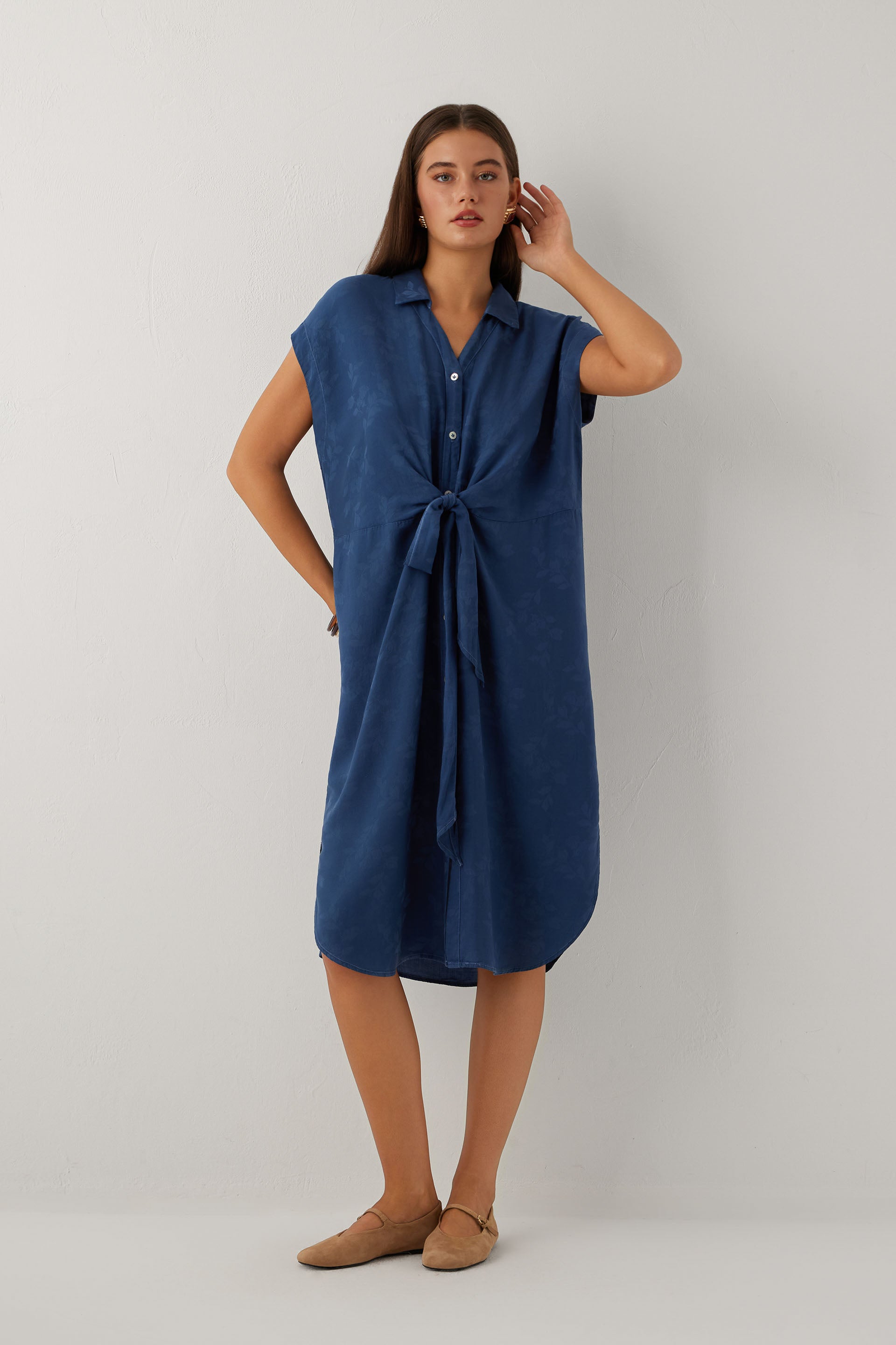 Woven Flora Tensel Bağlamalı Gömlek Elbise #renk_Navy