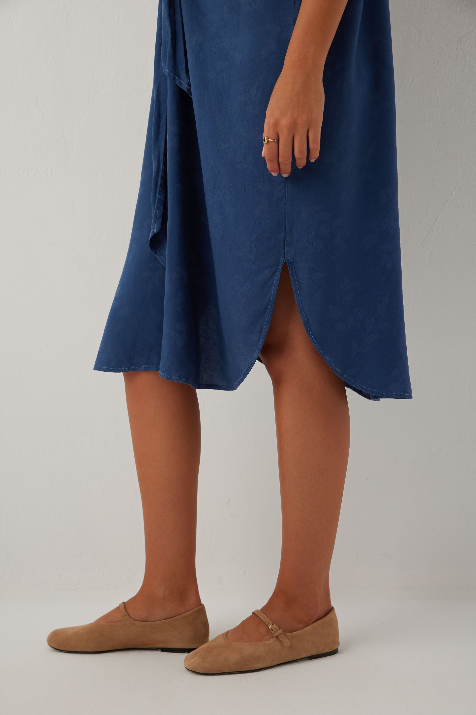 Woven Flora Tensel Bağlamalı Gömlek Elbise #renk_Navy