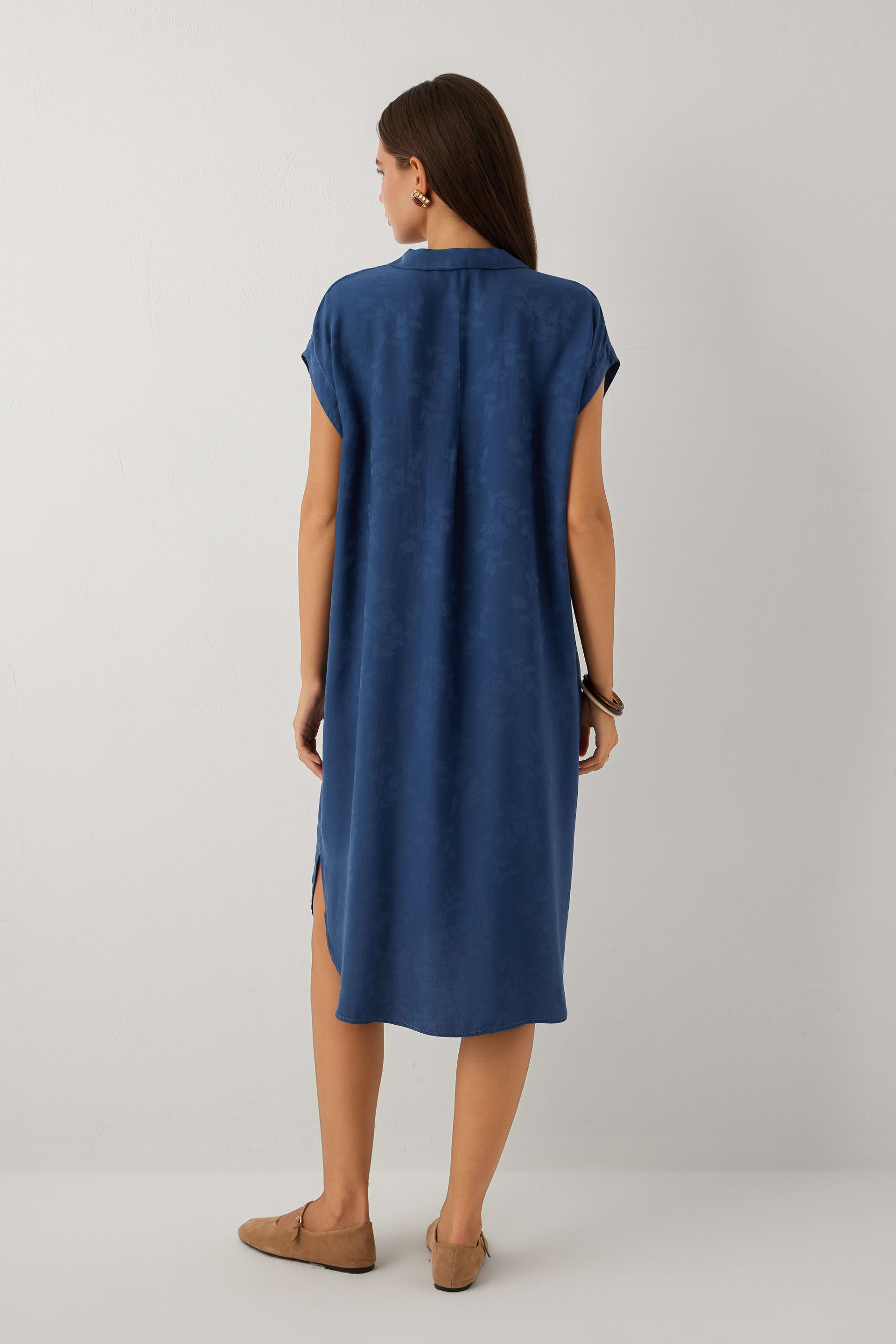 Woven Flora Tensel Bağlamalı Gömlek Elbise #renk_Navy