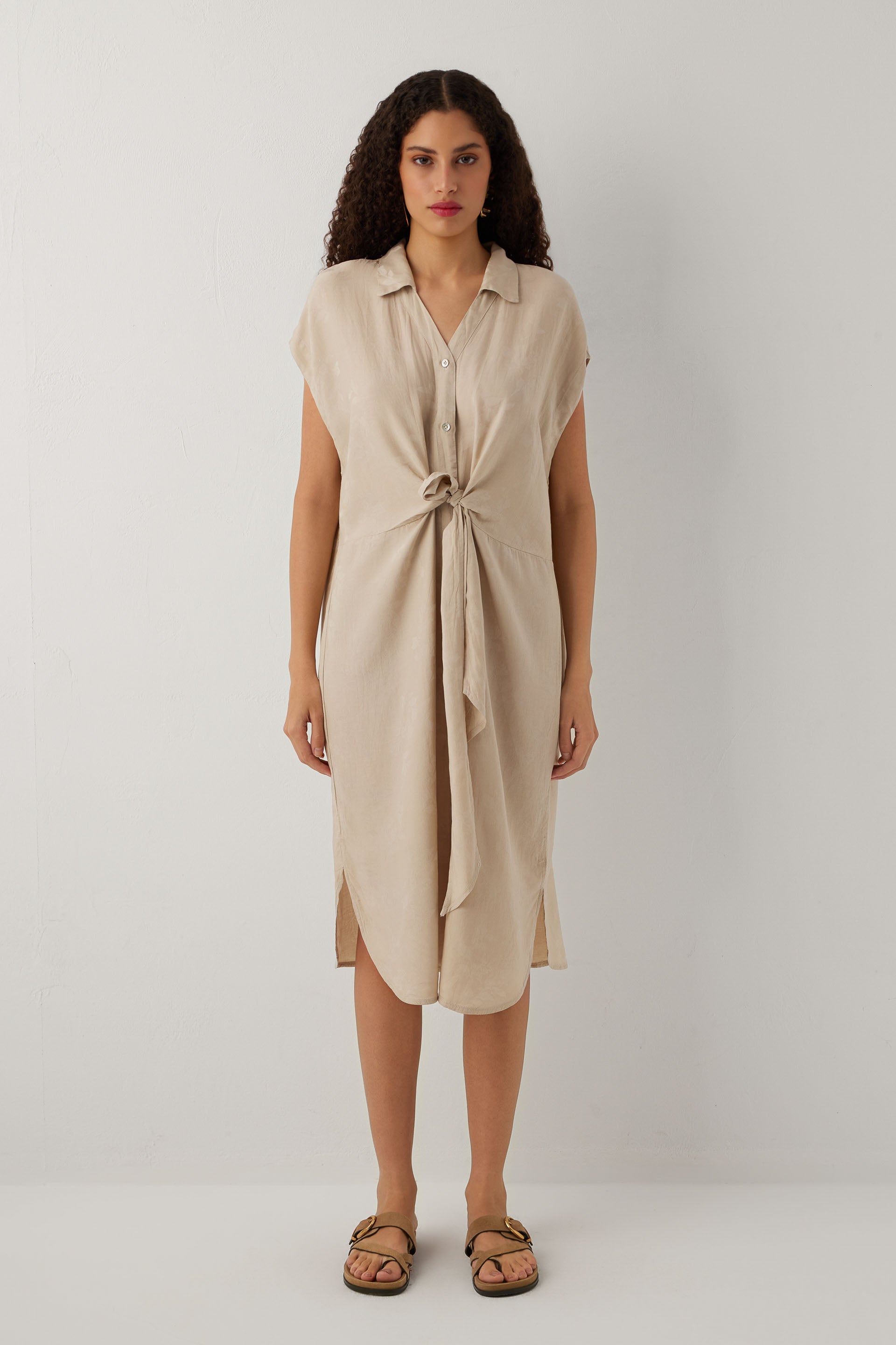 Woven Flora Tensel Bağlamalı Gömlek Elbise #renk_Vizon