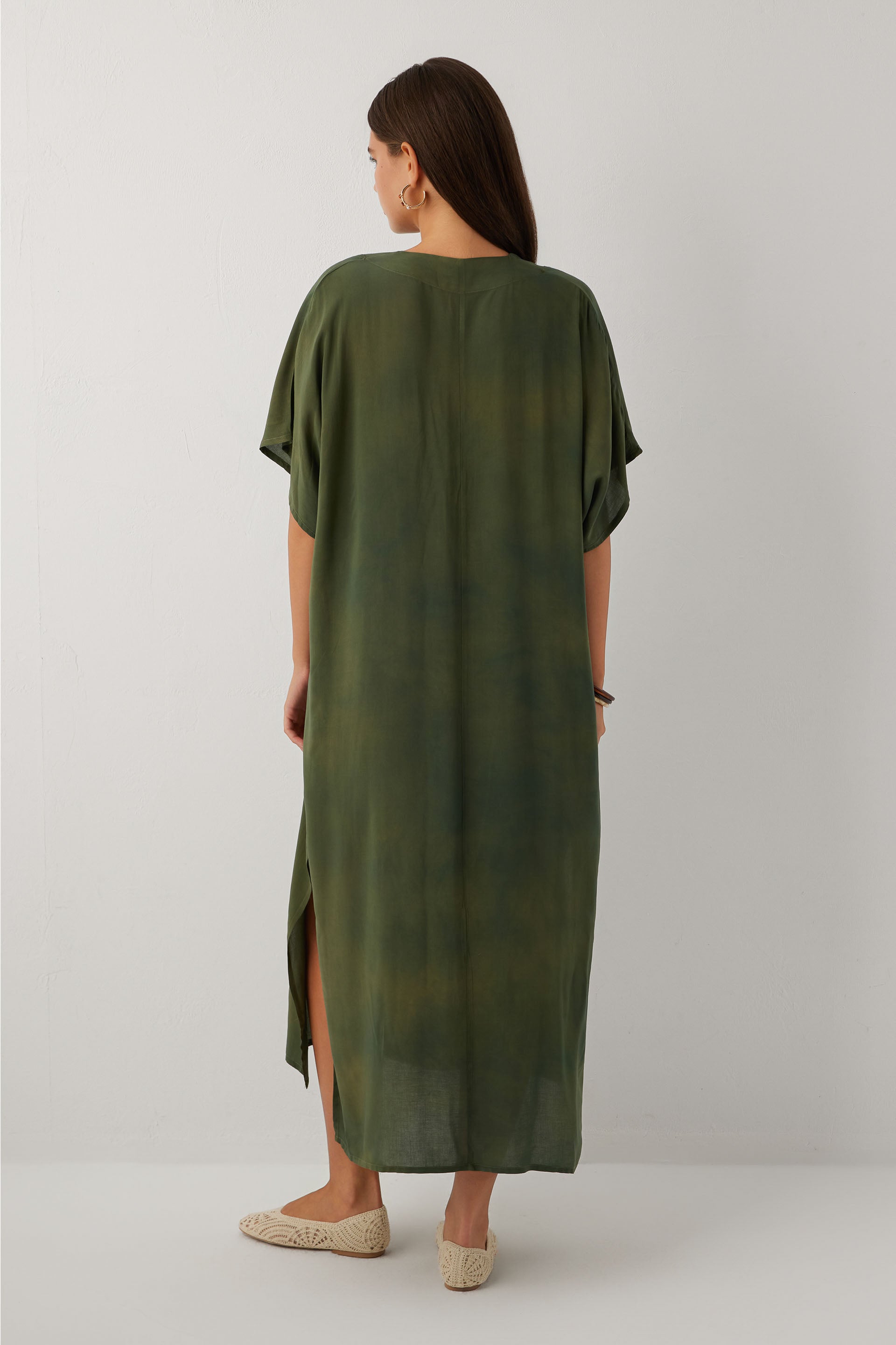 Earth Dye V Yaka Batik Maxi Elbise