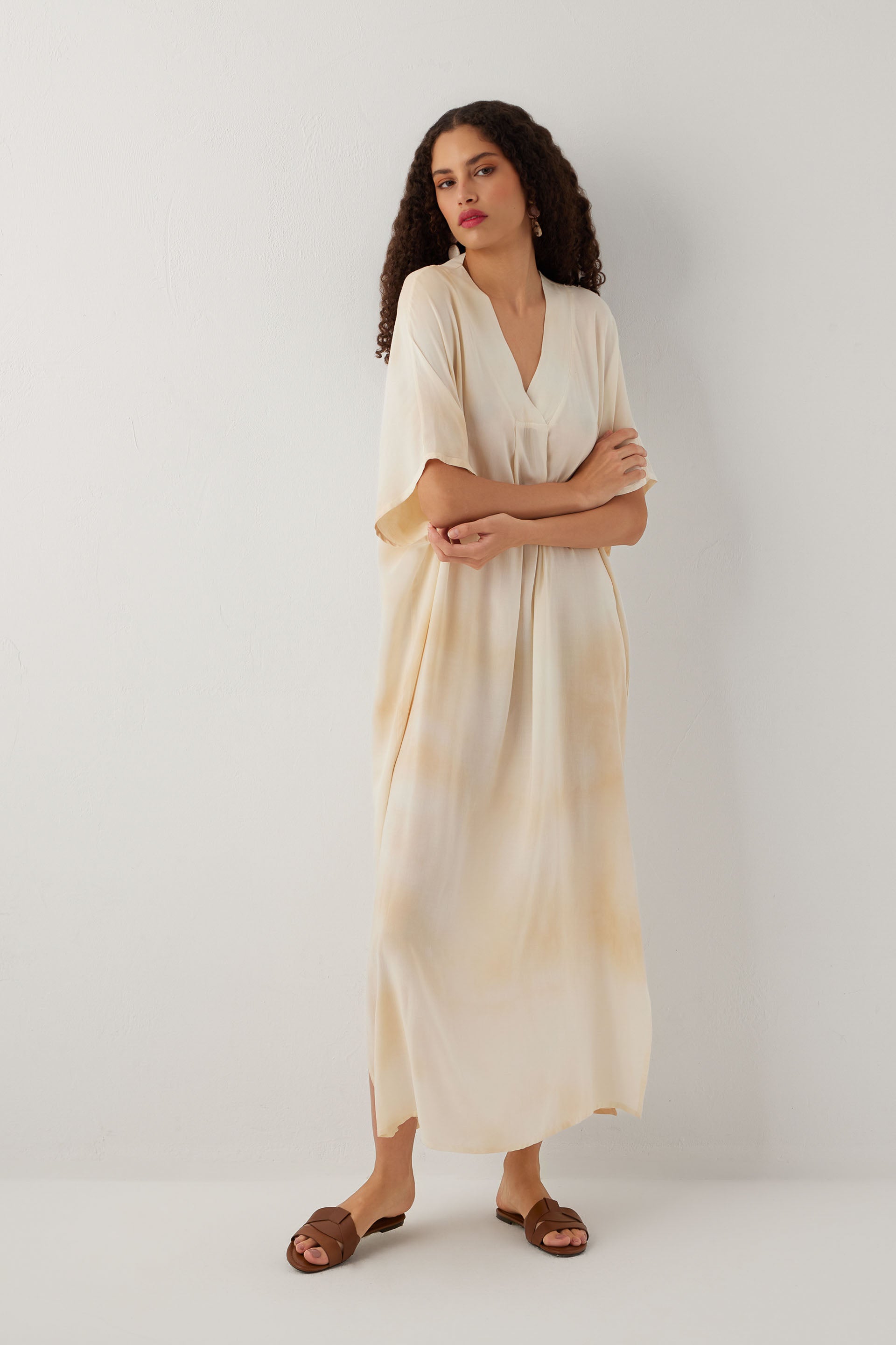 Earth Dye V Yaka Batik Maxi Elbise
