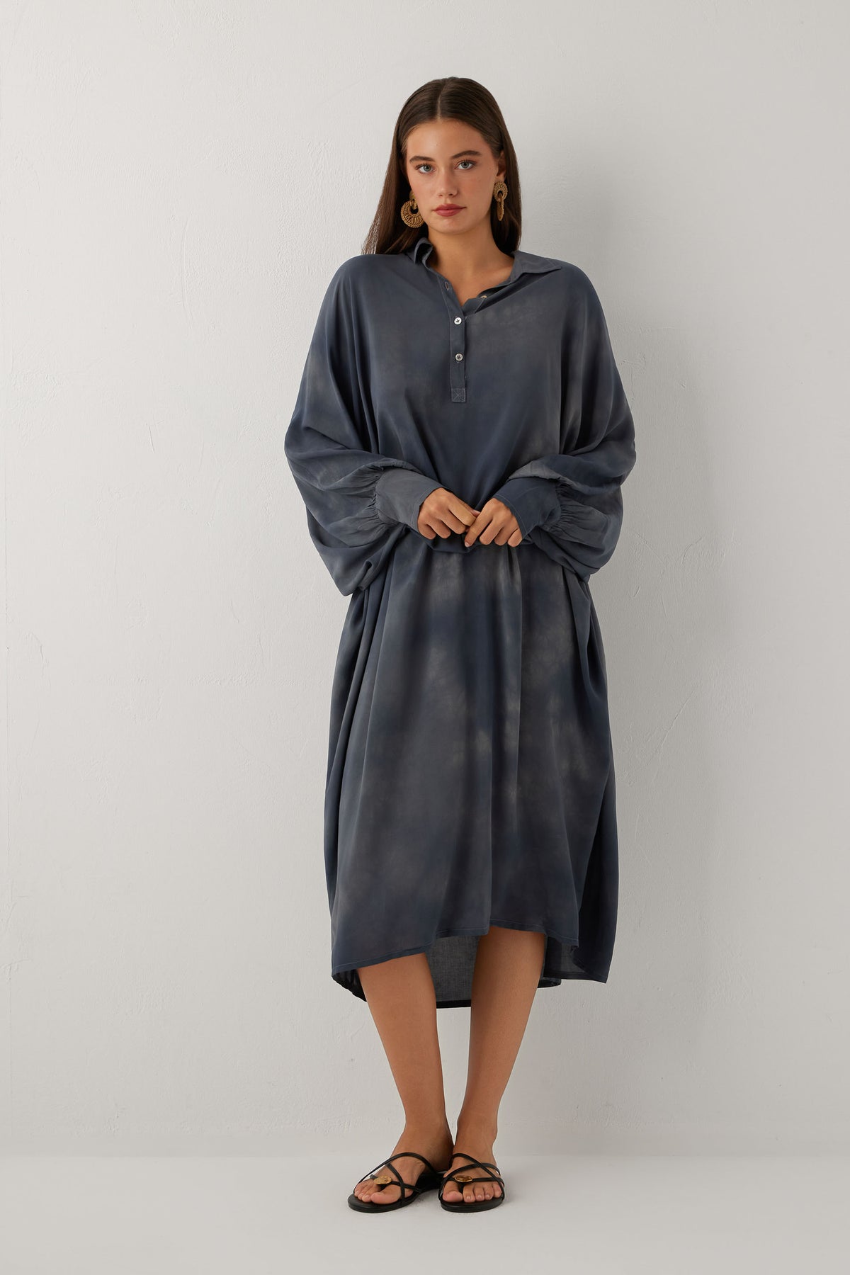 Earth Dye Yakalı Yarasa Batik Elbise #renk_Antrasit