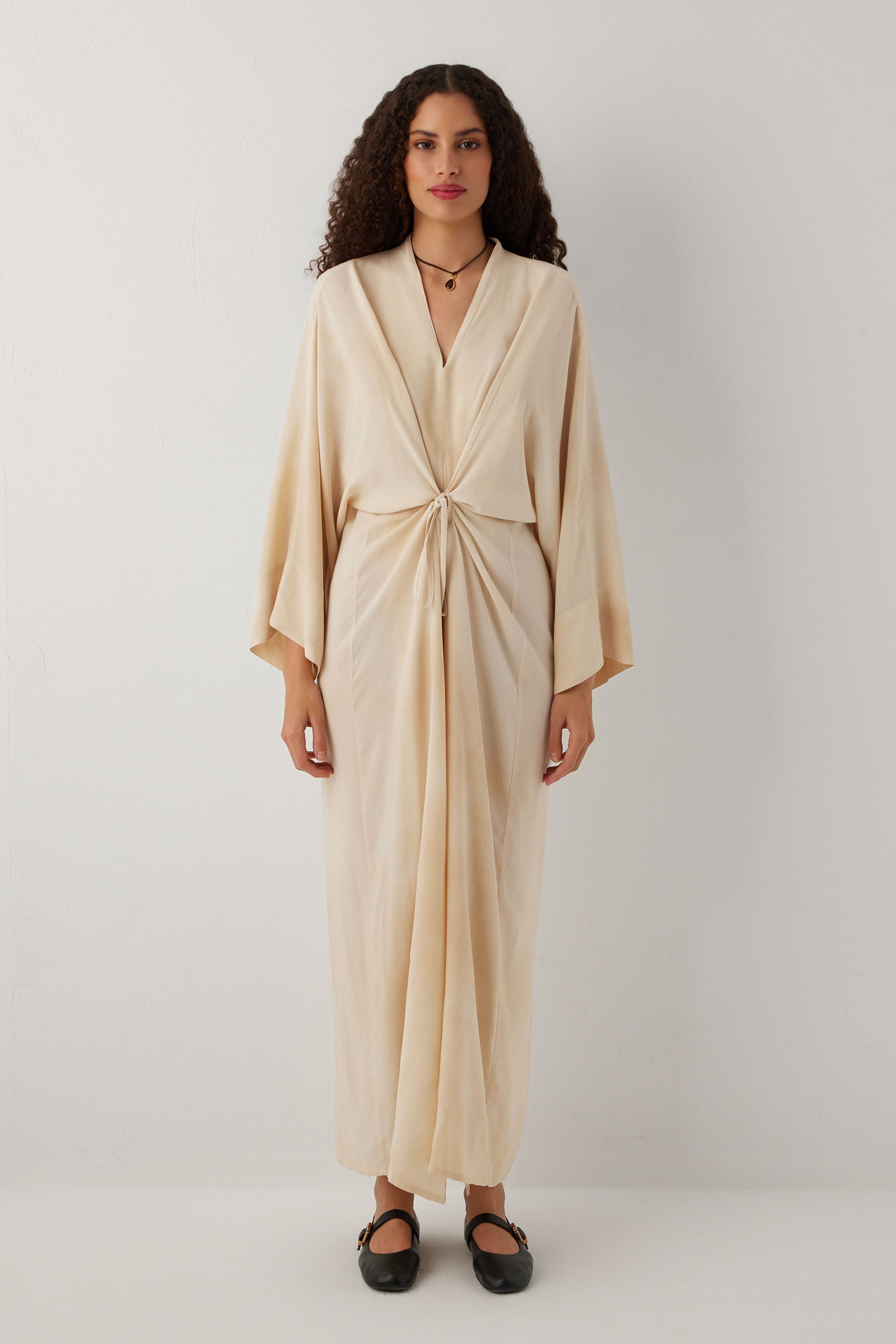 Earth Dye Bağlamalı Kimono Kol Maxi Elbise #renk_Bej