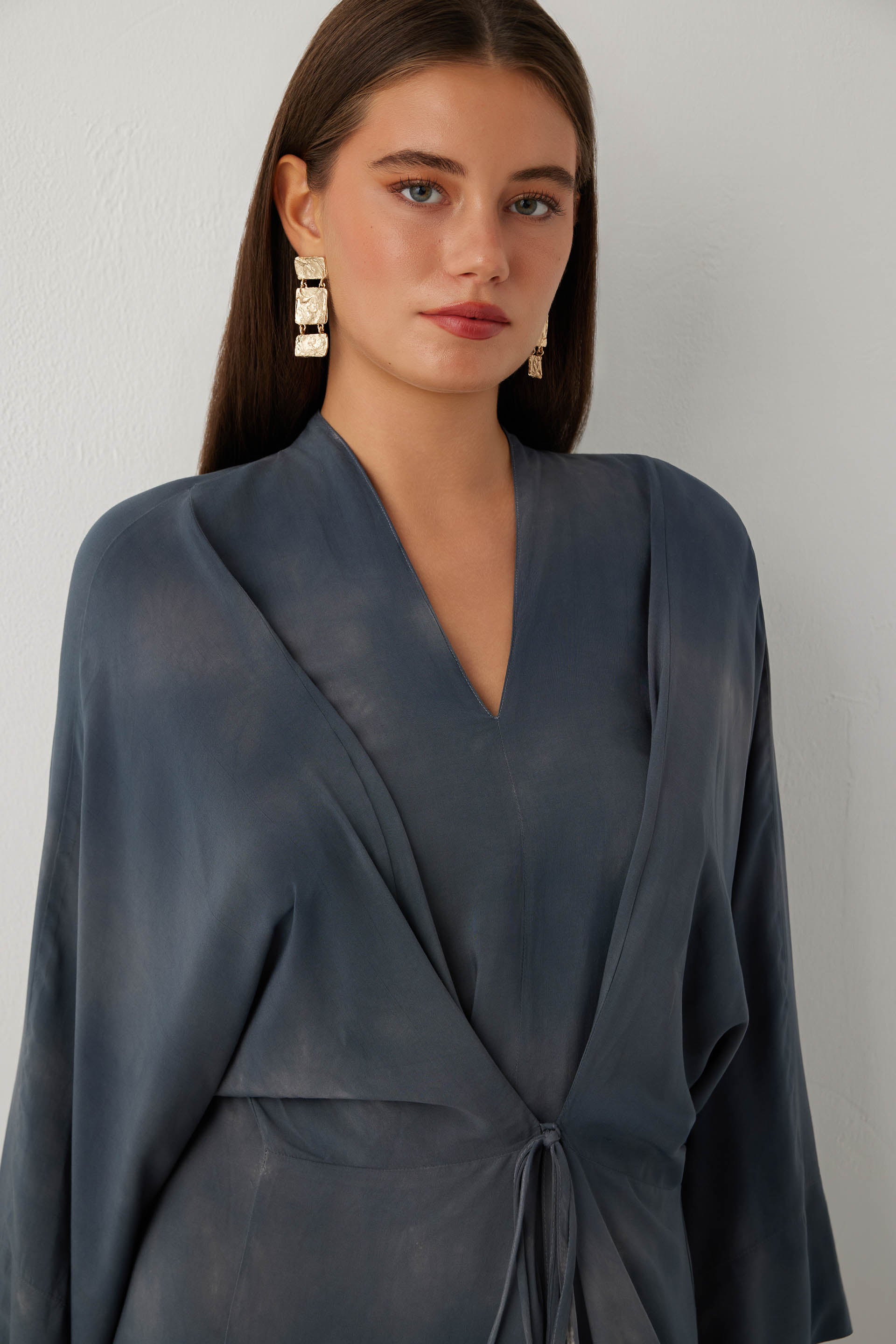 Earth Dye Bağlamalı Kimono Kol Maxi Elbise #renk_Antrasit