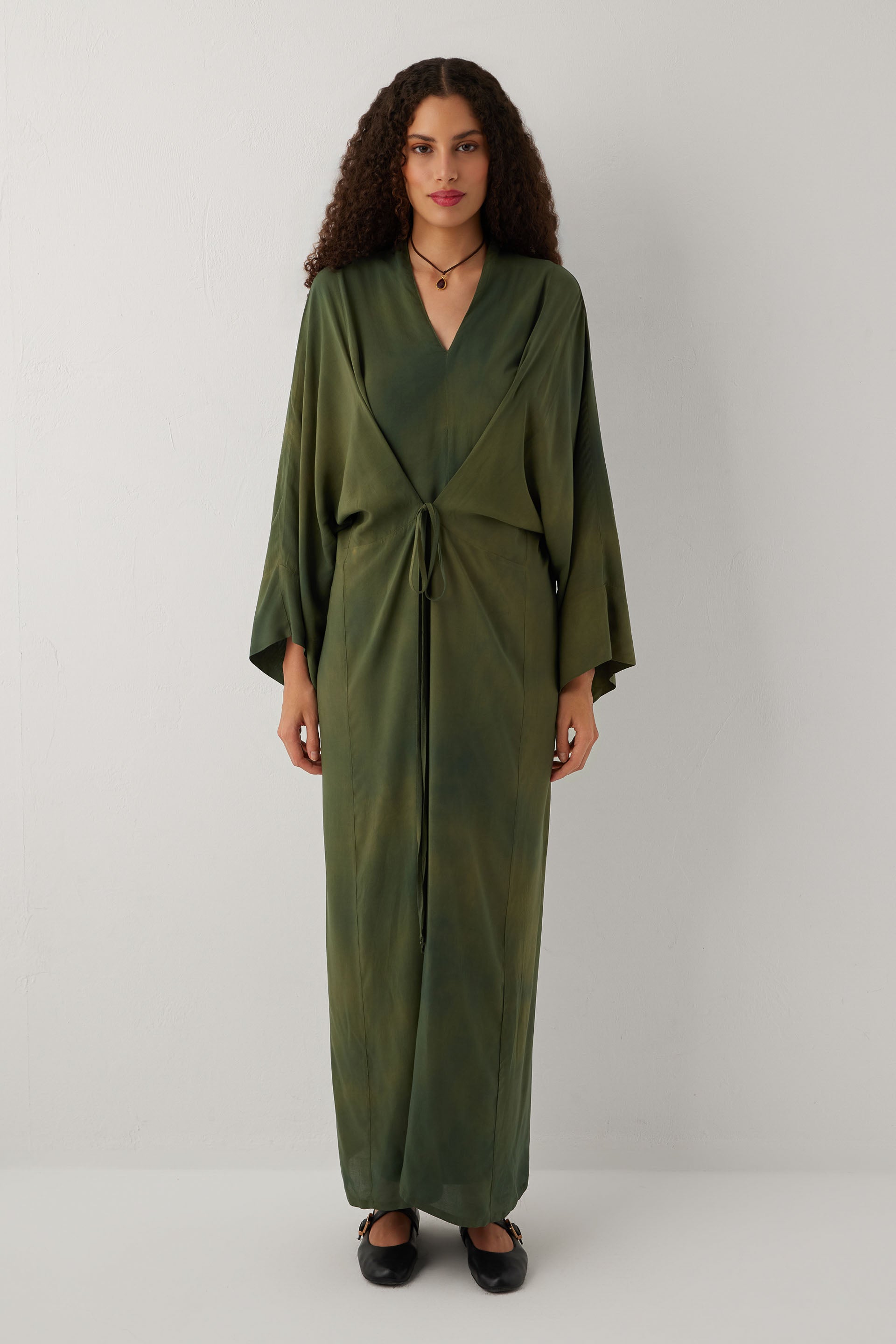 Earth Dye Bağlamalı Kimono Kol Maxi Elbise #renk_Haki