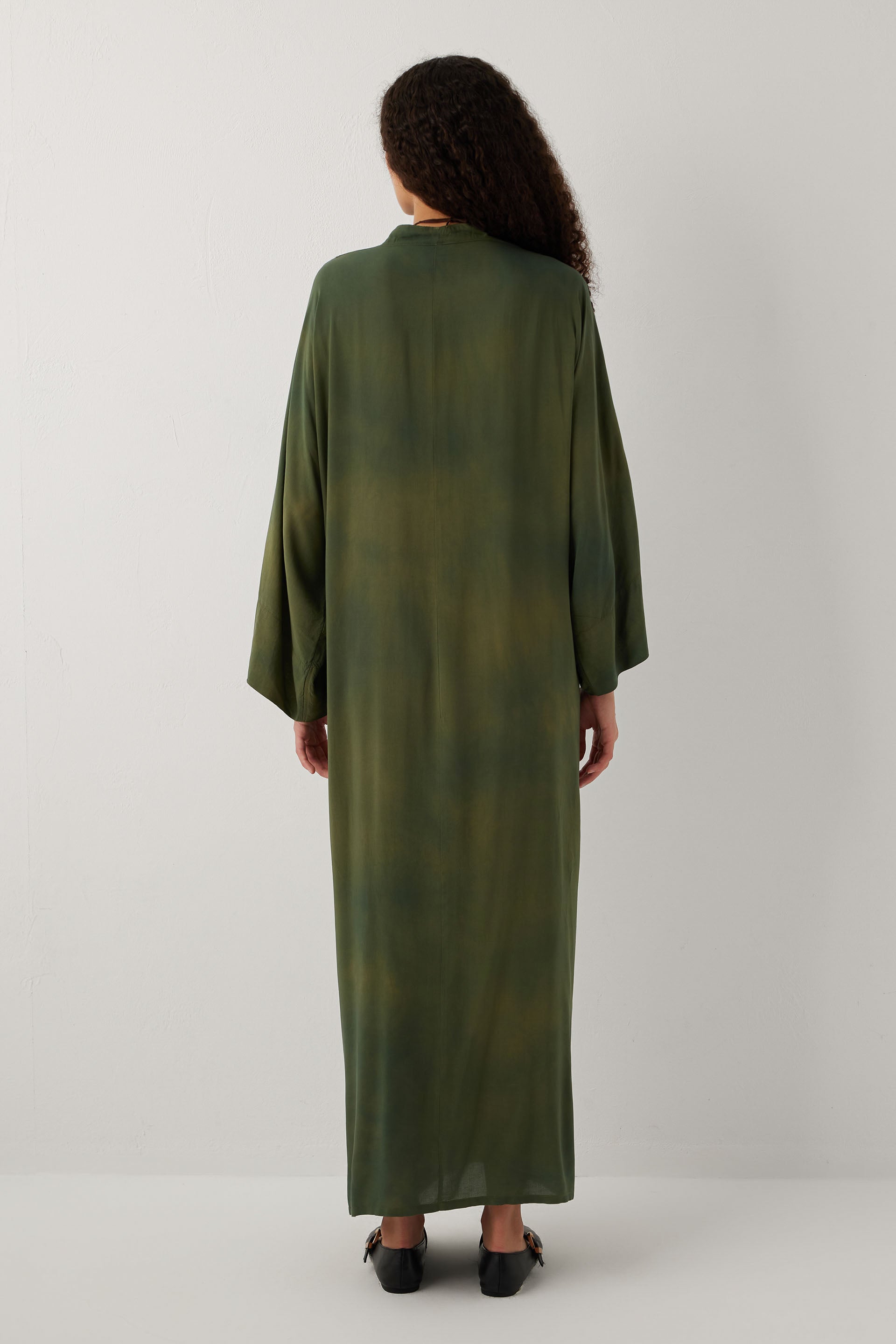 Earth Dye Bağlamalı Kimono Kol Maxi Elbise #renk_Haki