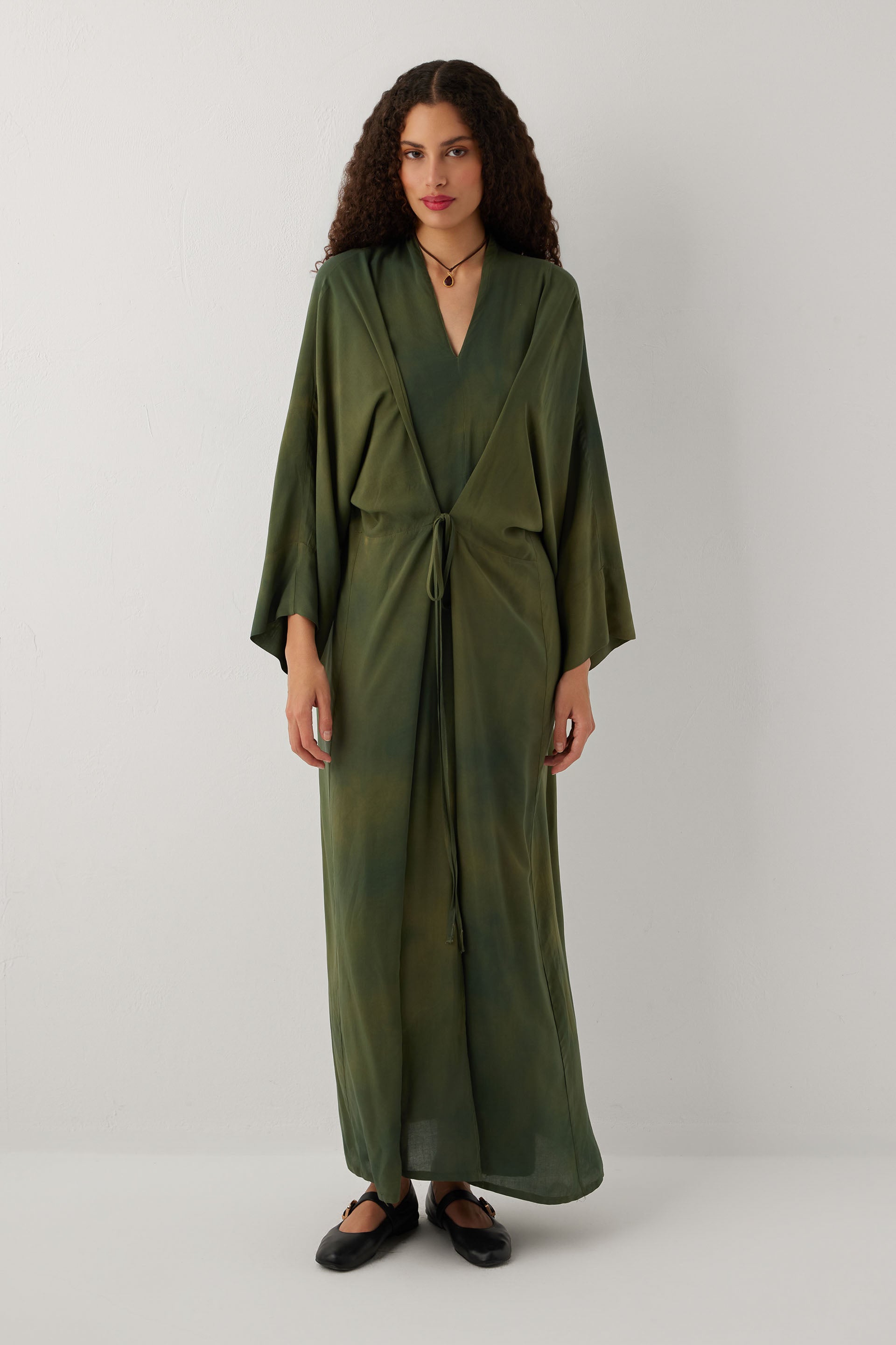 Earth Dye Bağlamalı Kimono Kol Maxi Elbise #renk_Haki