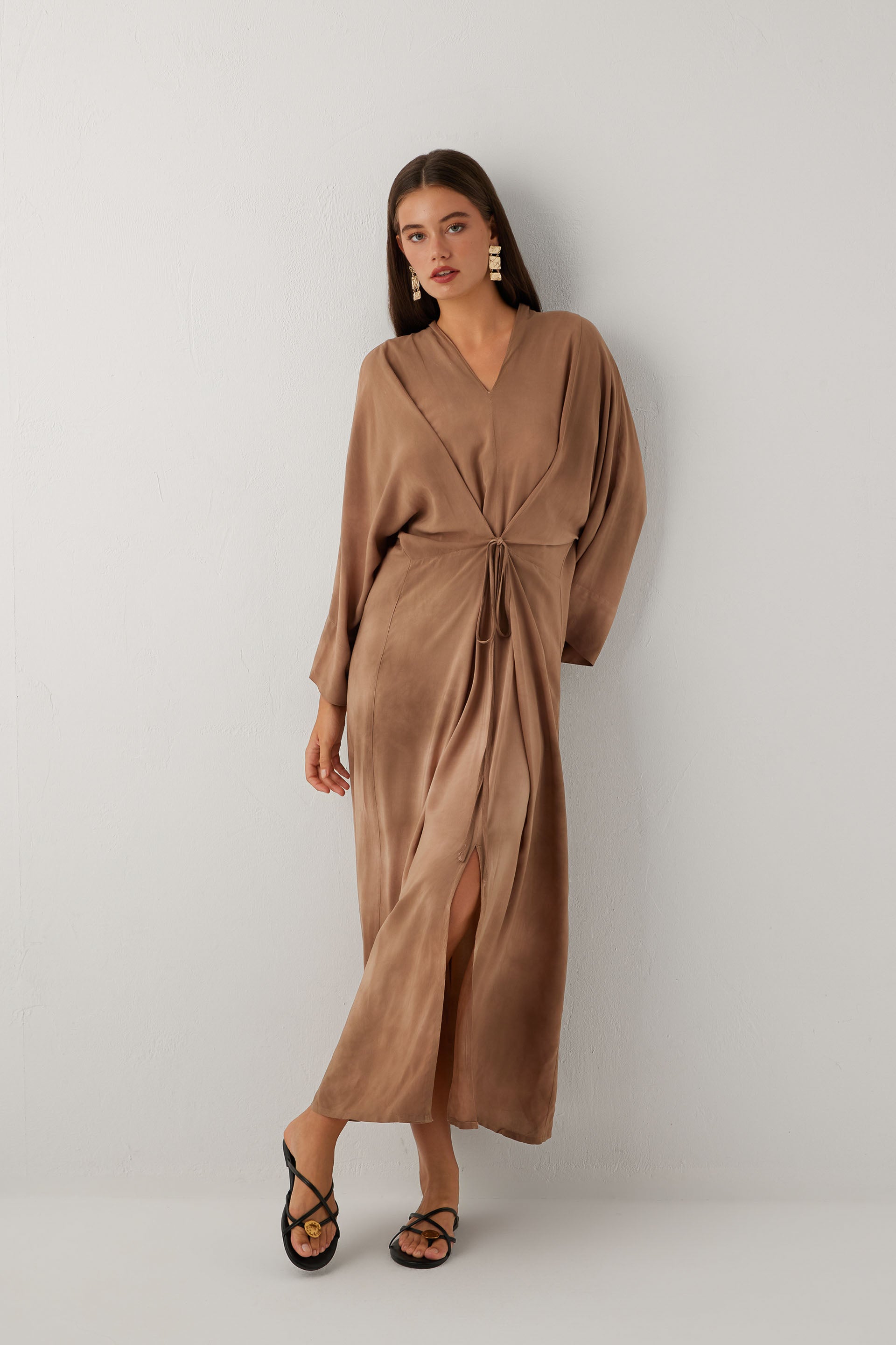Earth Dye Bağlamalı Kimono Kol Maxi Elbise #renk_Kahve
