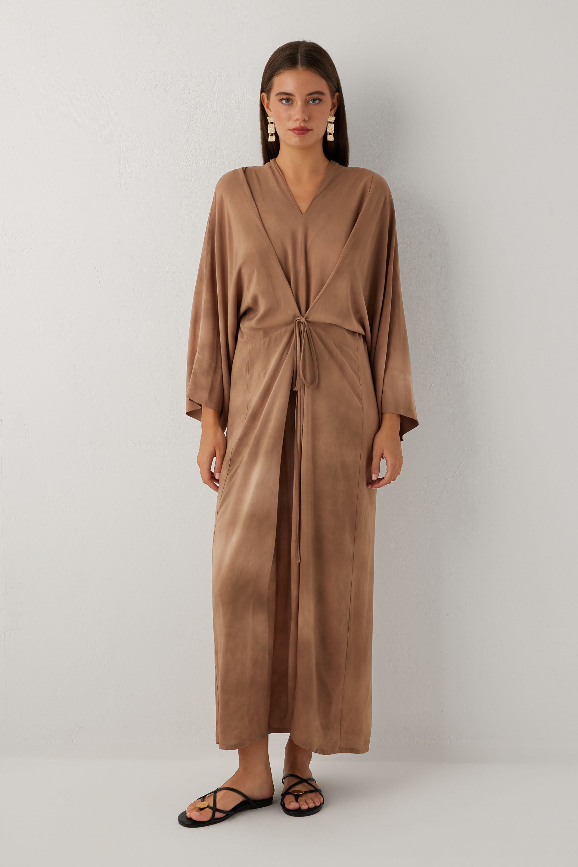 Earth Dye Bağlamalı Kimono Kol Maxi Elbise #renk_Kahve