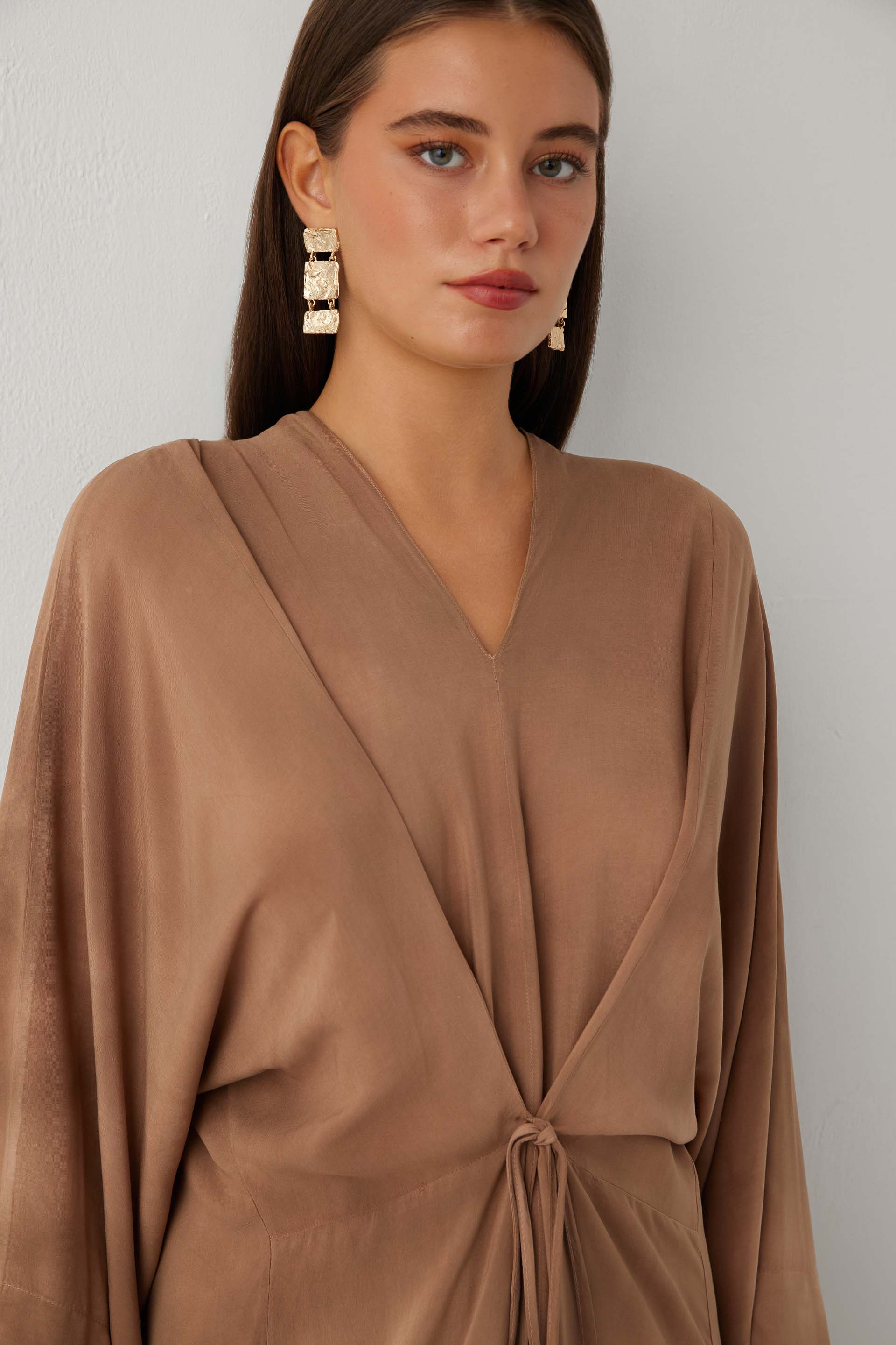 Earth Dye Bağlamalı Kimono Kol Maxi Elbise #renk_Kahve