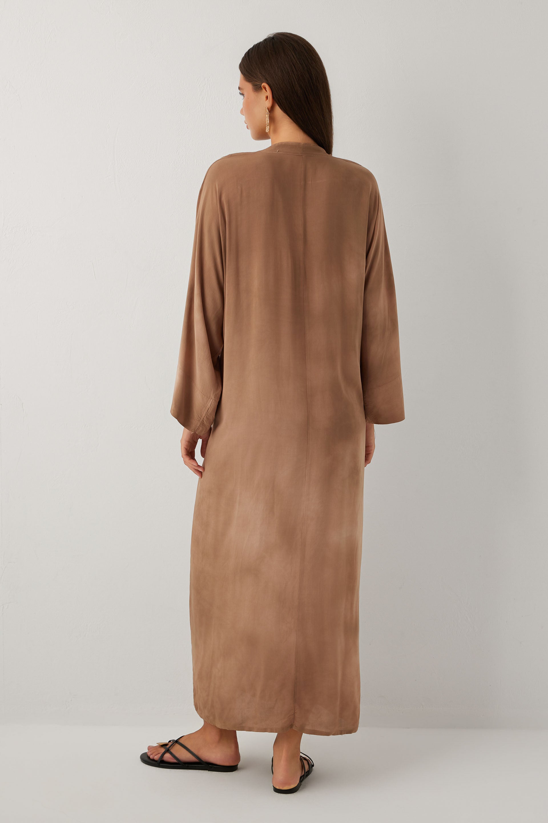 Earth Dye Bağlamalı Kimono Kol Maxi Elbise #renk_Kahve