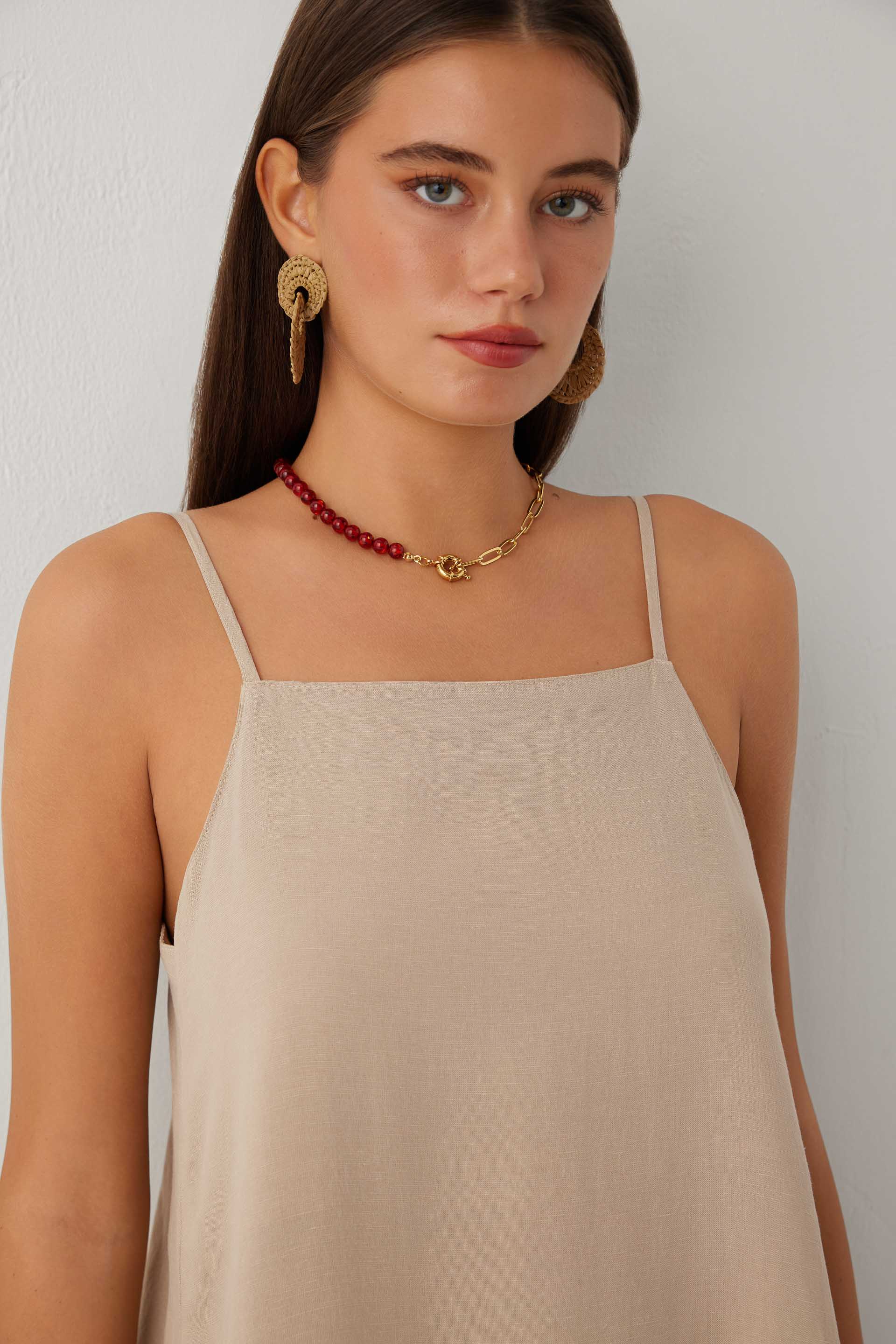 Linoflow Askılı Rahat Keten Tencel Karışımlı Maxi Uzun Elbise #renk_Vizon