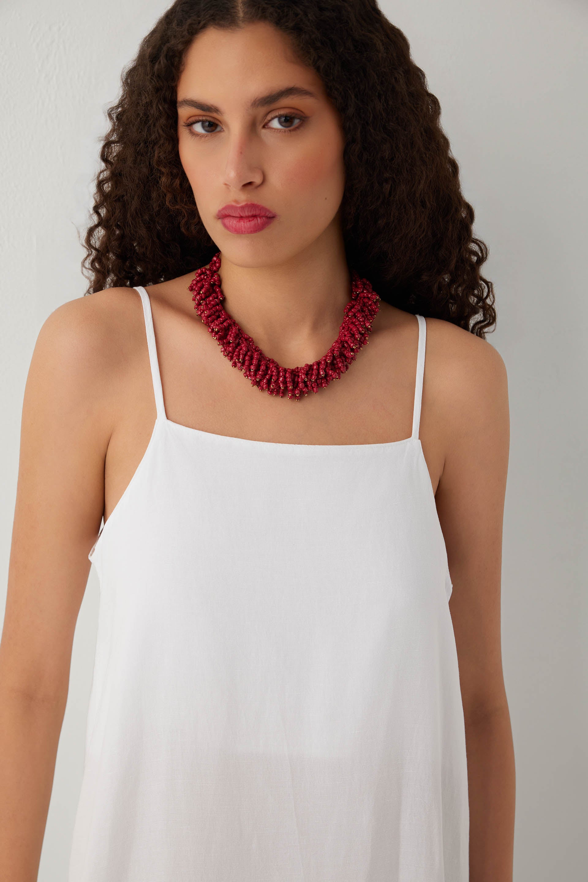 Linoflow Askılı Rahat Keten Tencel Karışımlı Maxi Uzun Elbise #renk_Beyaz