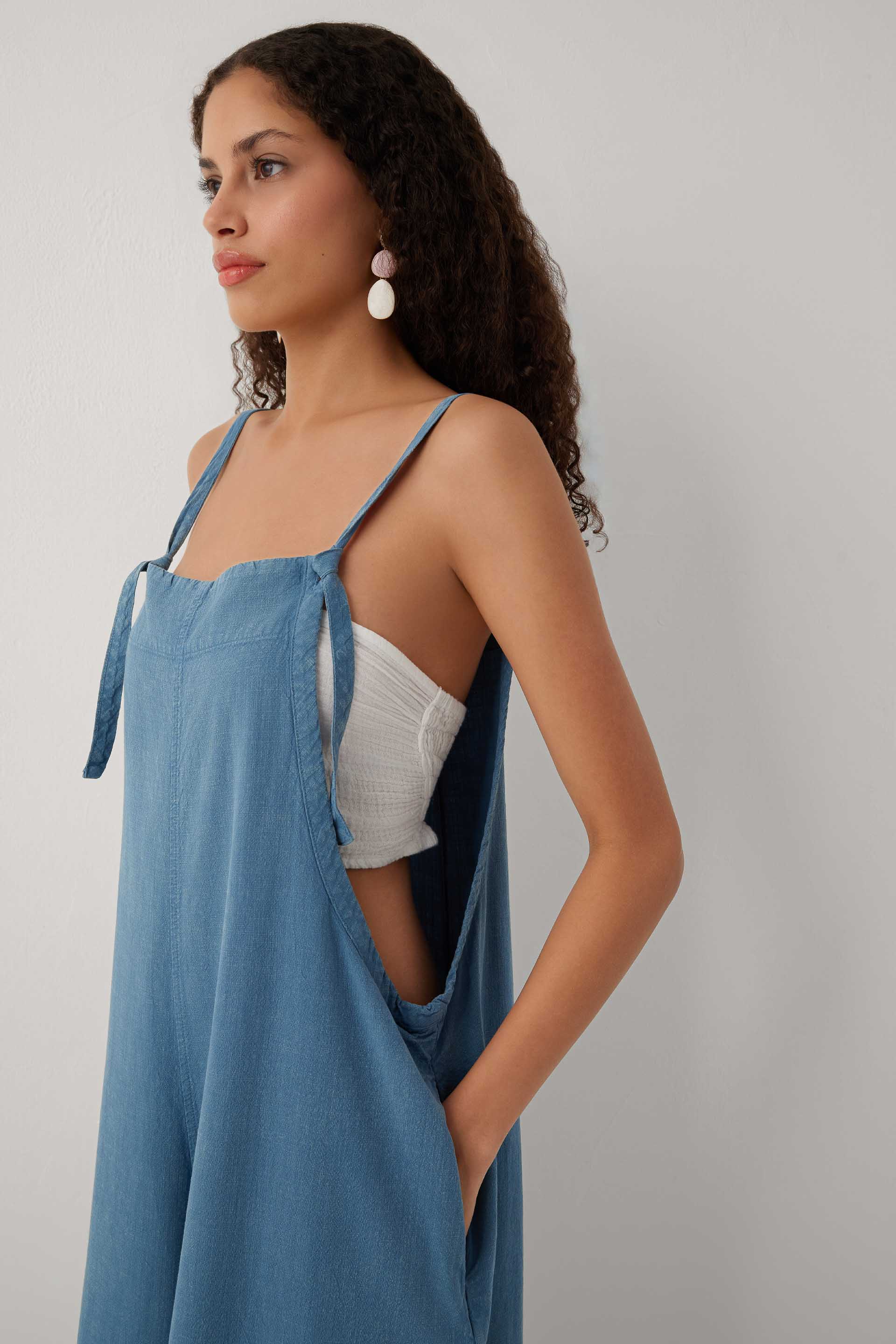 Forme Bol Paça Askılı Pamuklu Cepli Kadın Tulum #renk_Indigo