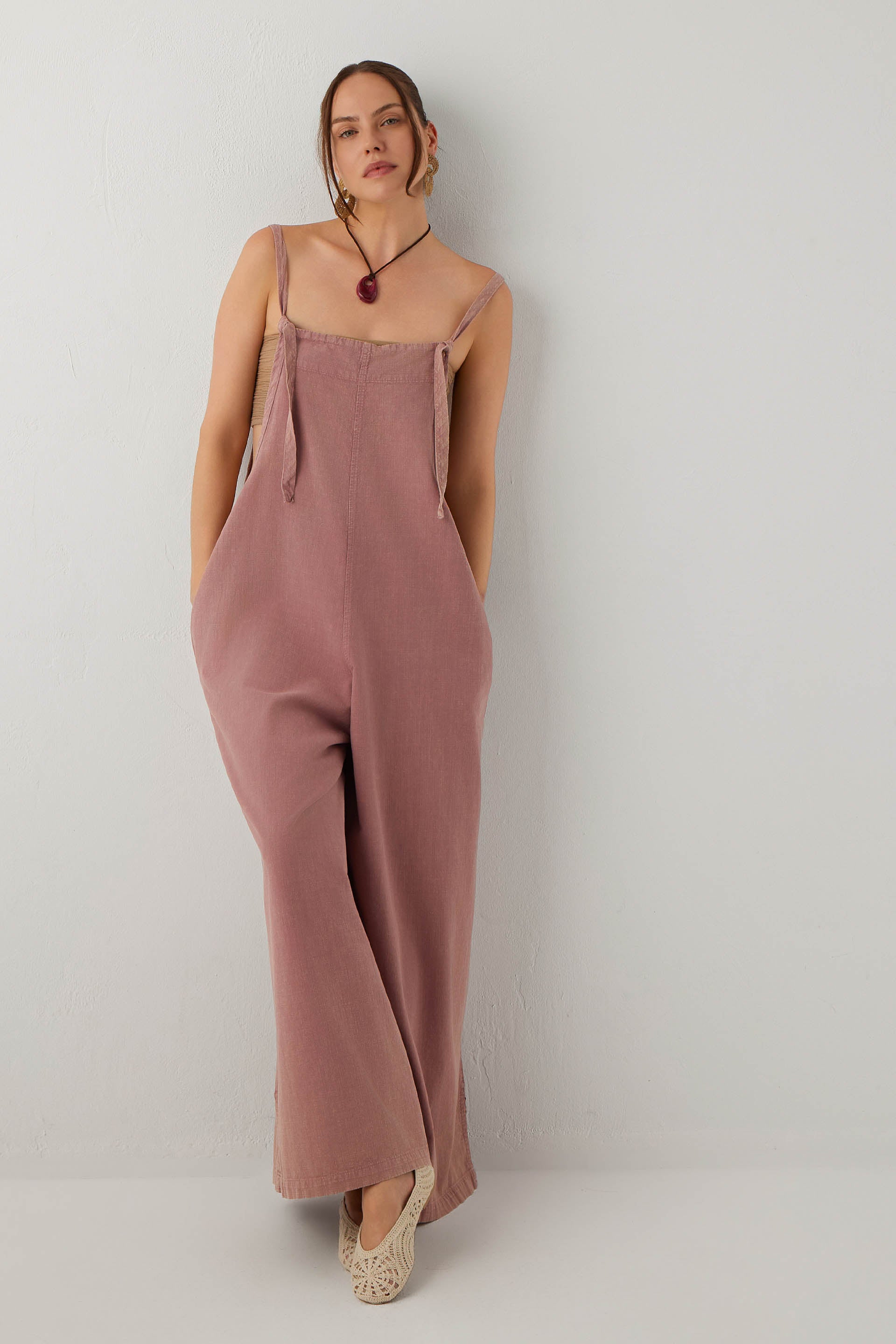 Forme Bol Paça Askılı Pamuklu Cepli Kadın Tulum #renk_Rose