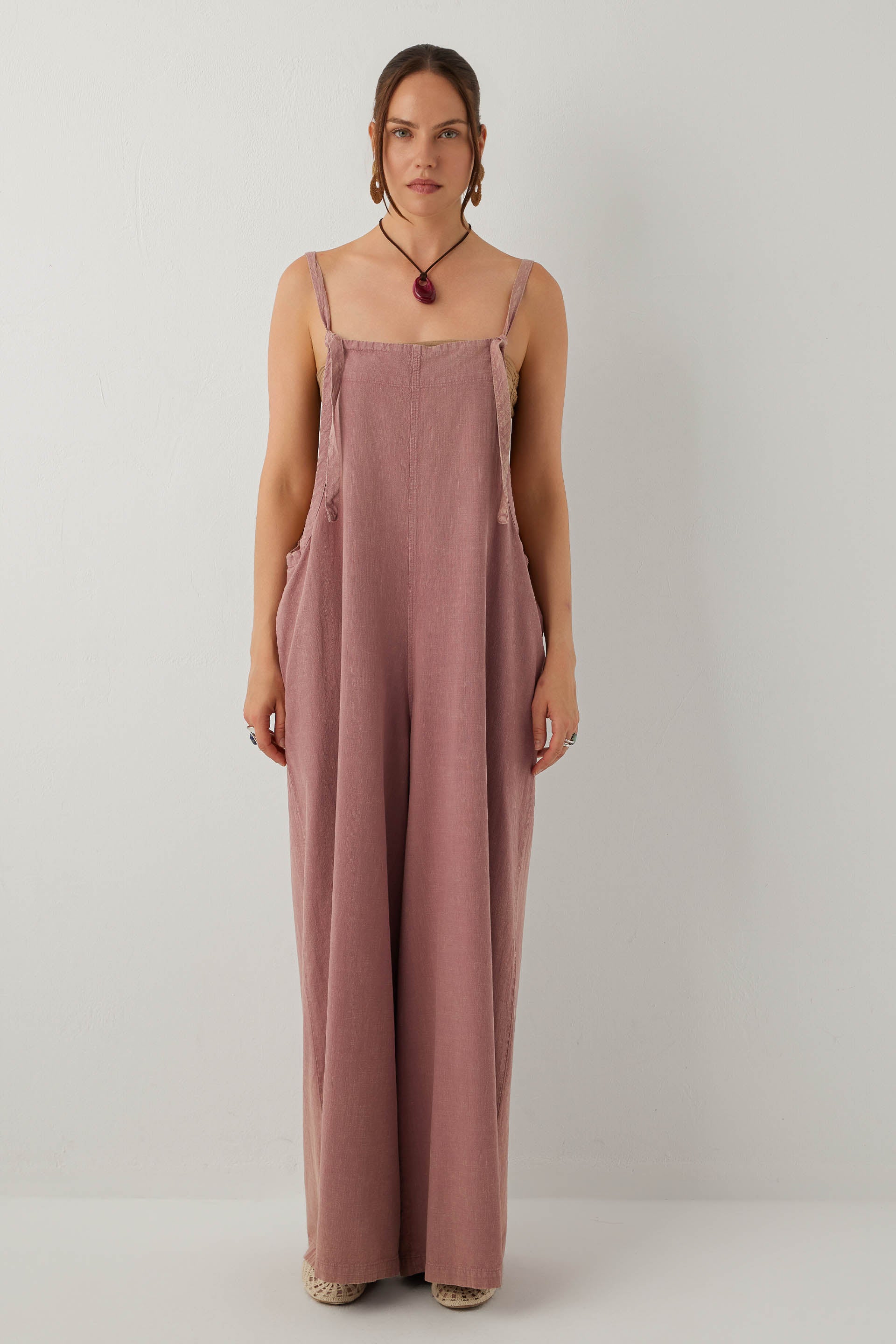 Forme Bol Paça Askılı Pamuklu Cepli Kadın Tulum #renk_Rose