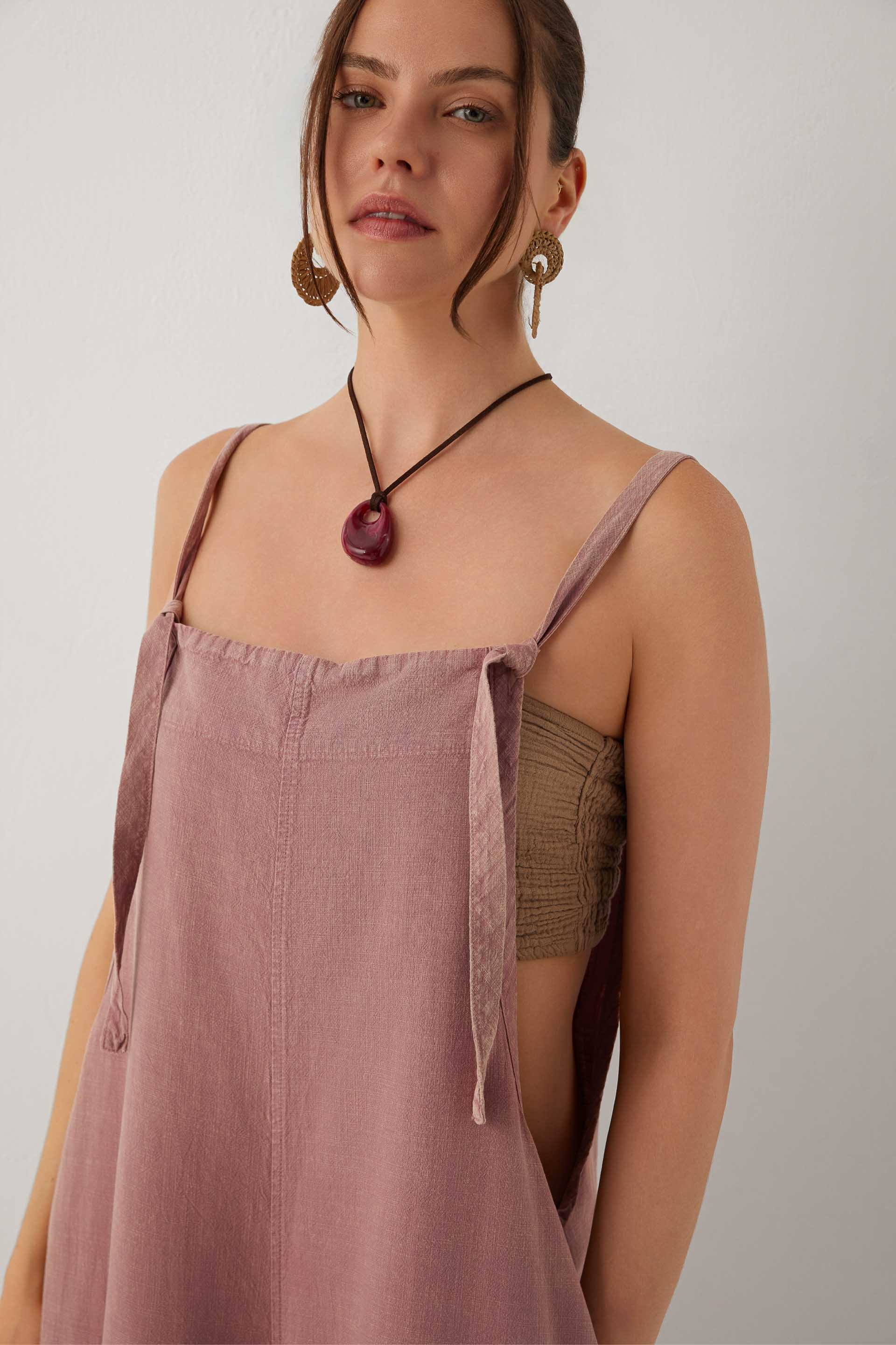 Forme Bol Paça Askılı Pamuklu Cepli Kadın Tulum #renk_Rose