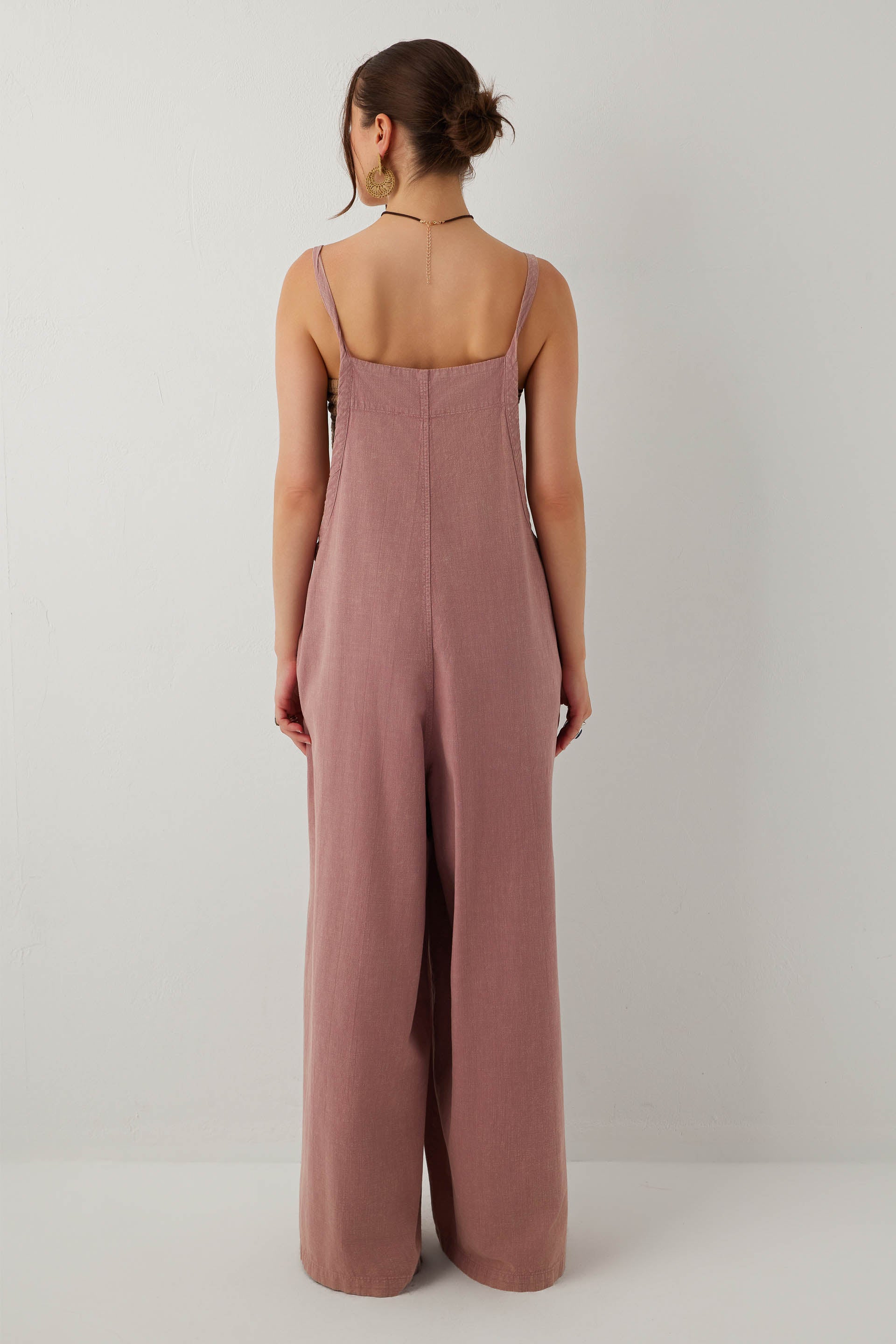 Forme Bol Paça Askılı Pamuklu Cepli Kadın Tulum #renk_Rose