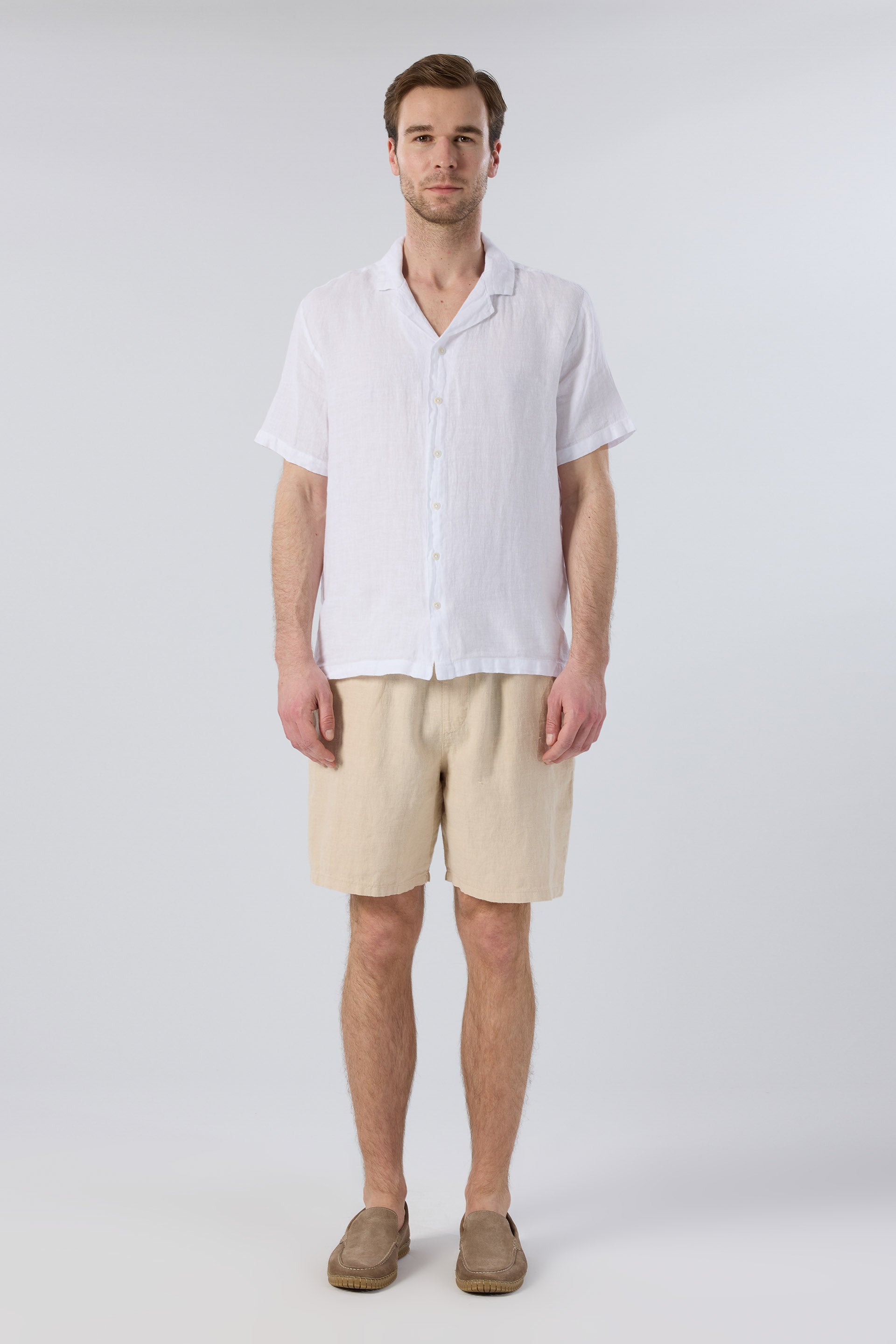 Yatık Yakalı Kısa Kollu Keten Erkek Gömlek #renk_Beyaz