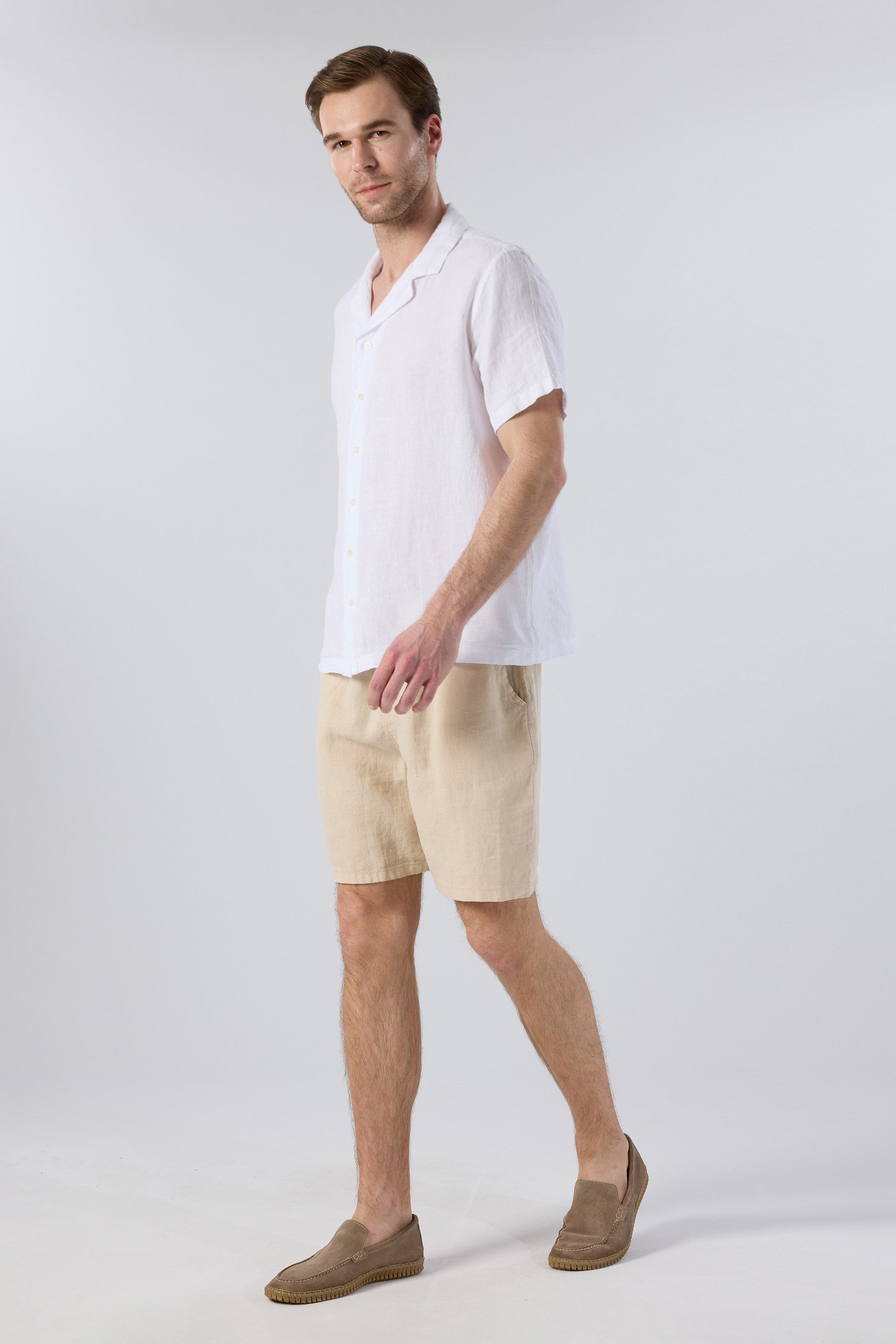 Yatık Yakalı Kısa Kollu Keten Erkek Gömlek #renk_Beyaz