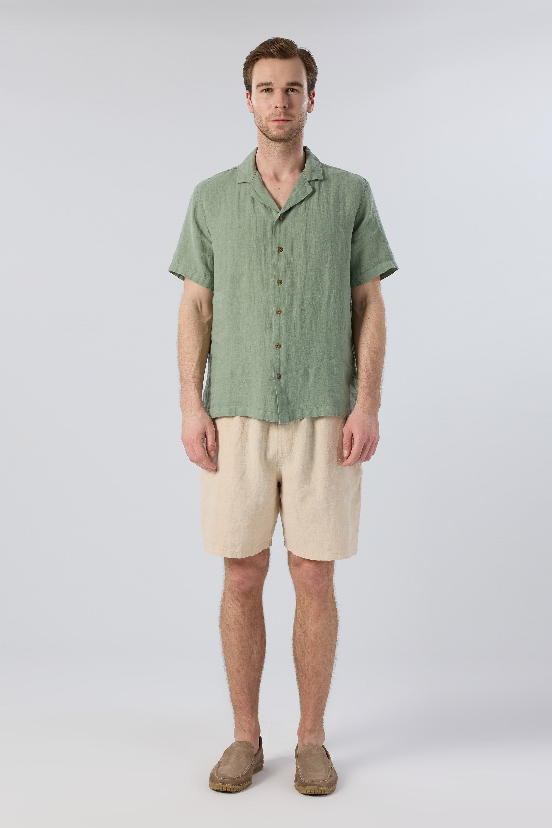 Yatık Yakalı Kısa Kollu Keten Erkek Gömlek #renk_Yosun Yeşili