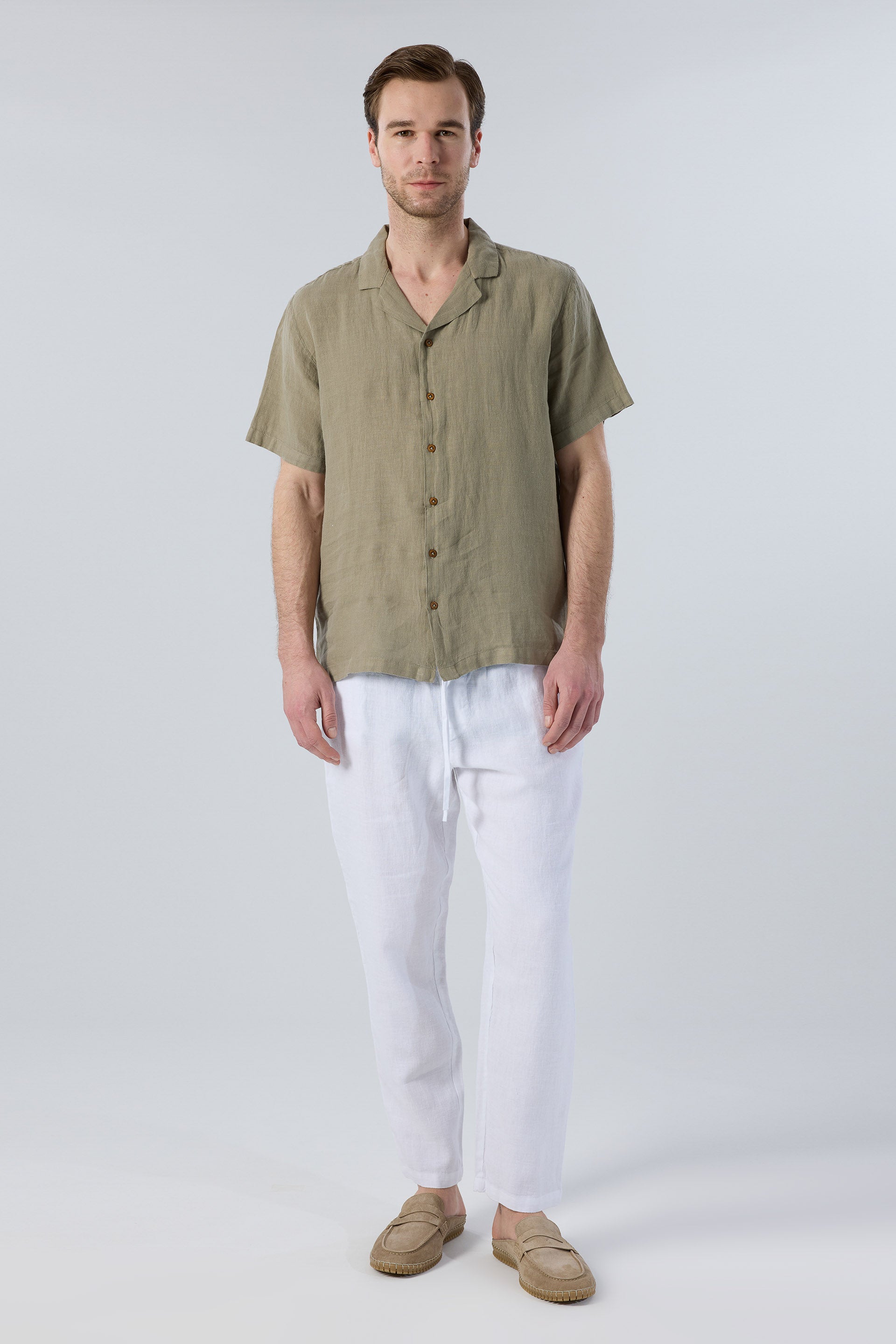 Yatık Yakalı Kısa Kollu Keten Erkek Gömlek #renk_Olive