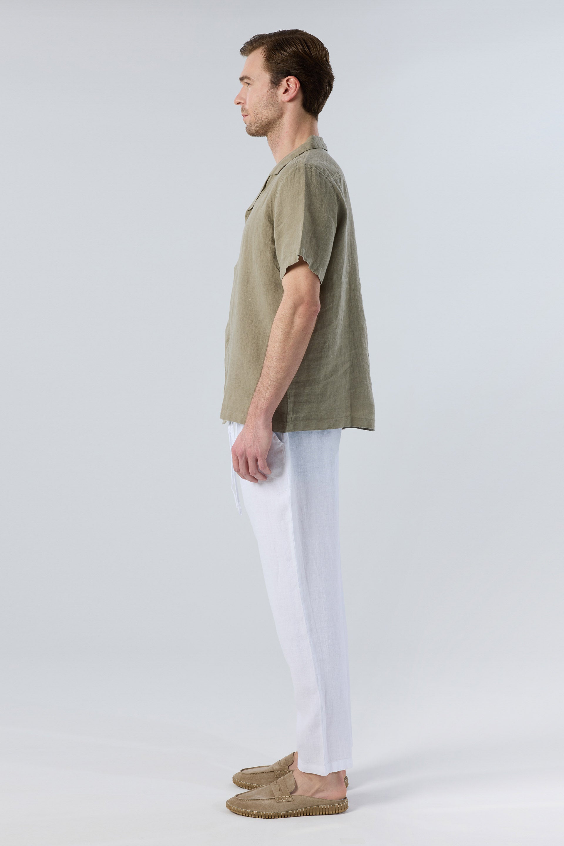 Yatık Yakalı Kısa Kollu Keten Erkek Gömlek #renk_Olive