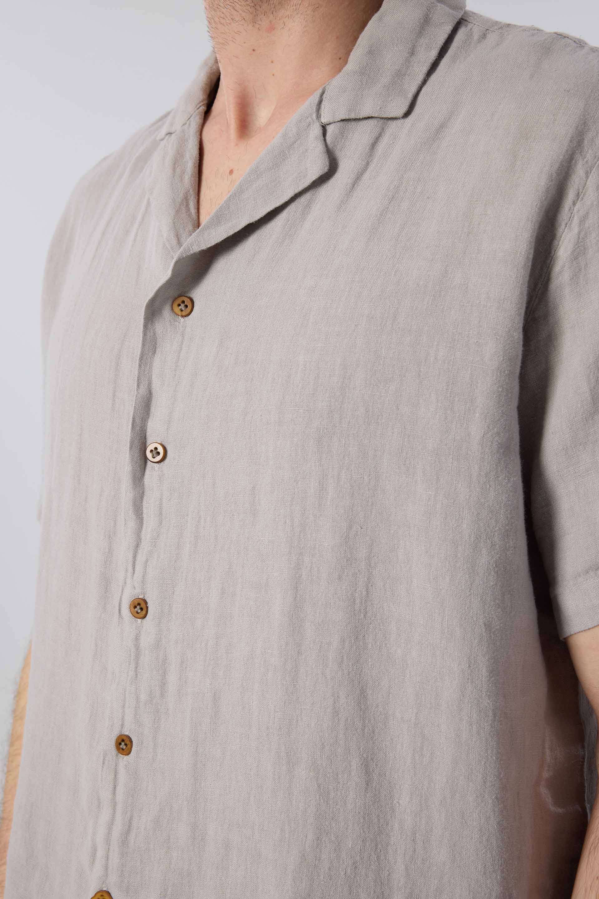 Yatık Yakalı Kısa Kollu Keten Erkek Gömlek #renk_Taş Gri