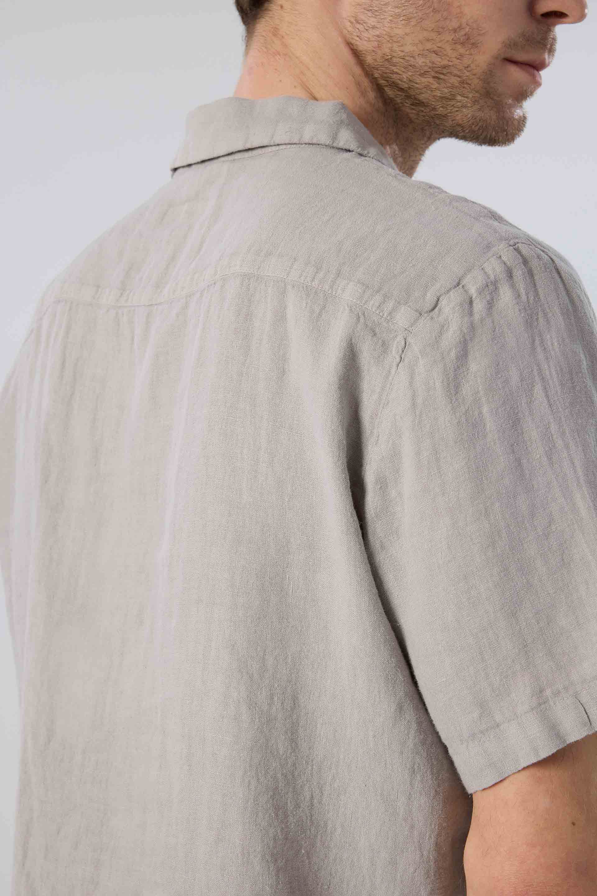 Yatık Yakalı Kısa Kollu Keten Erkek Gömlek #renk_Taş Gri