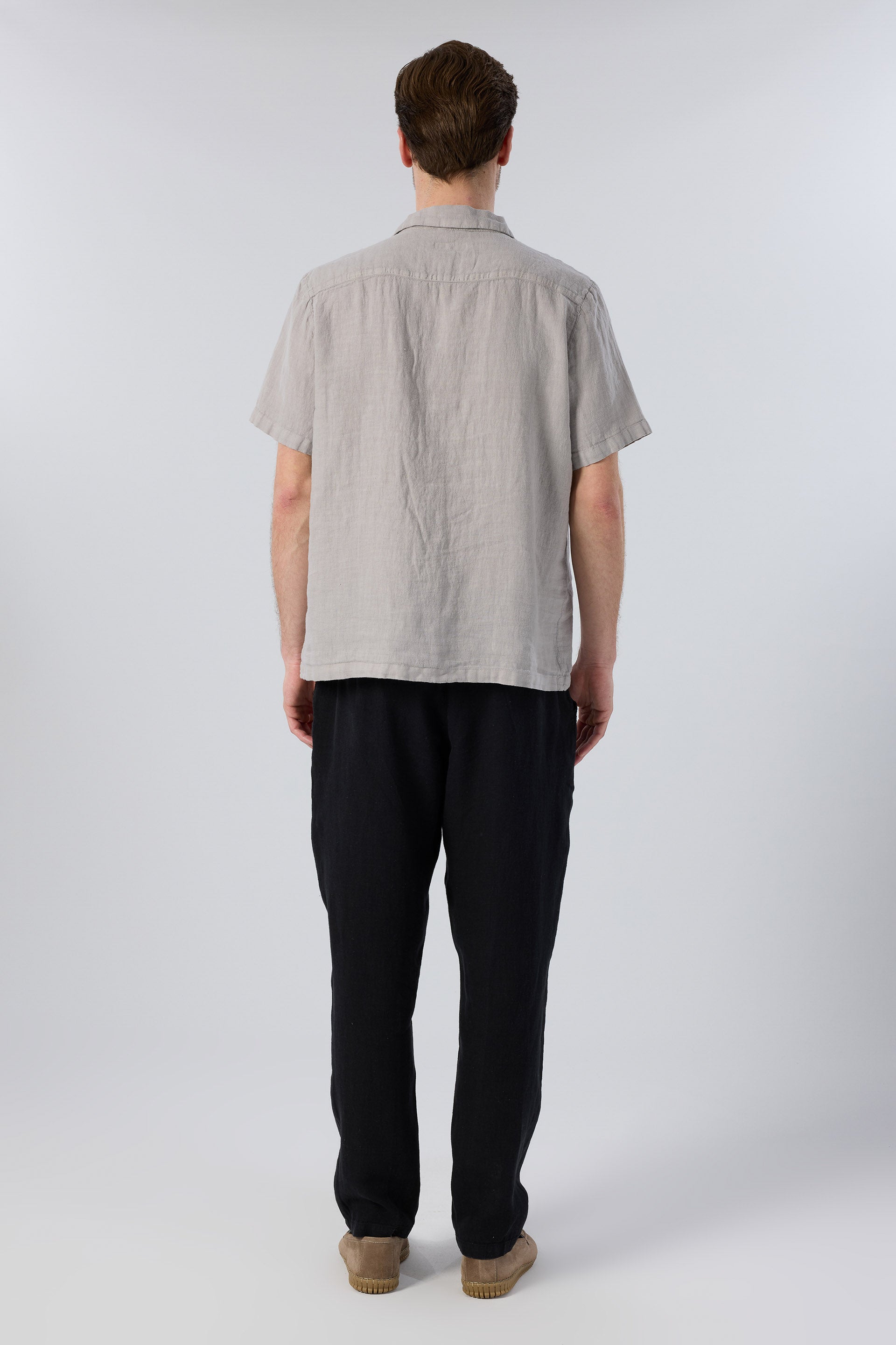 Yatık Yakalı Kısa Kollu Keten Erkek Gömlek #renk_Taş Gri