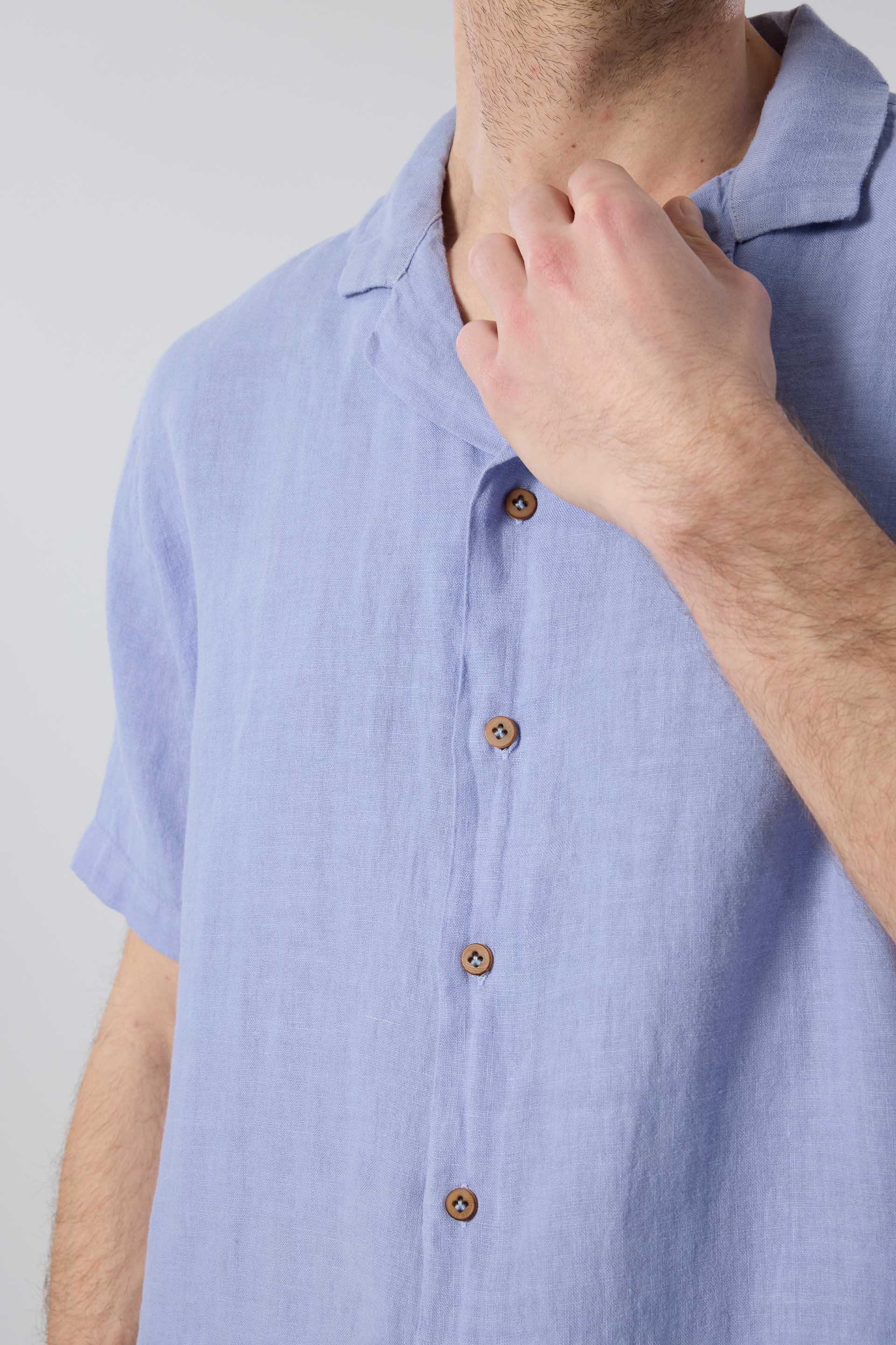 Yatık Yakalı Kısa Kollu Keten Erkek Gömlek #renk_Denim Blue