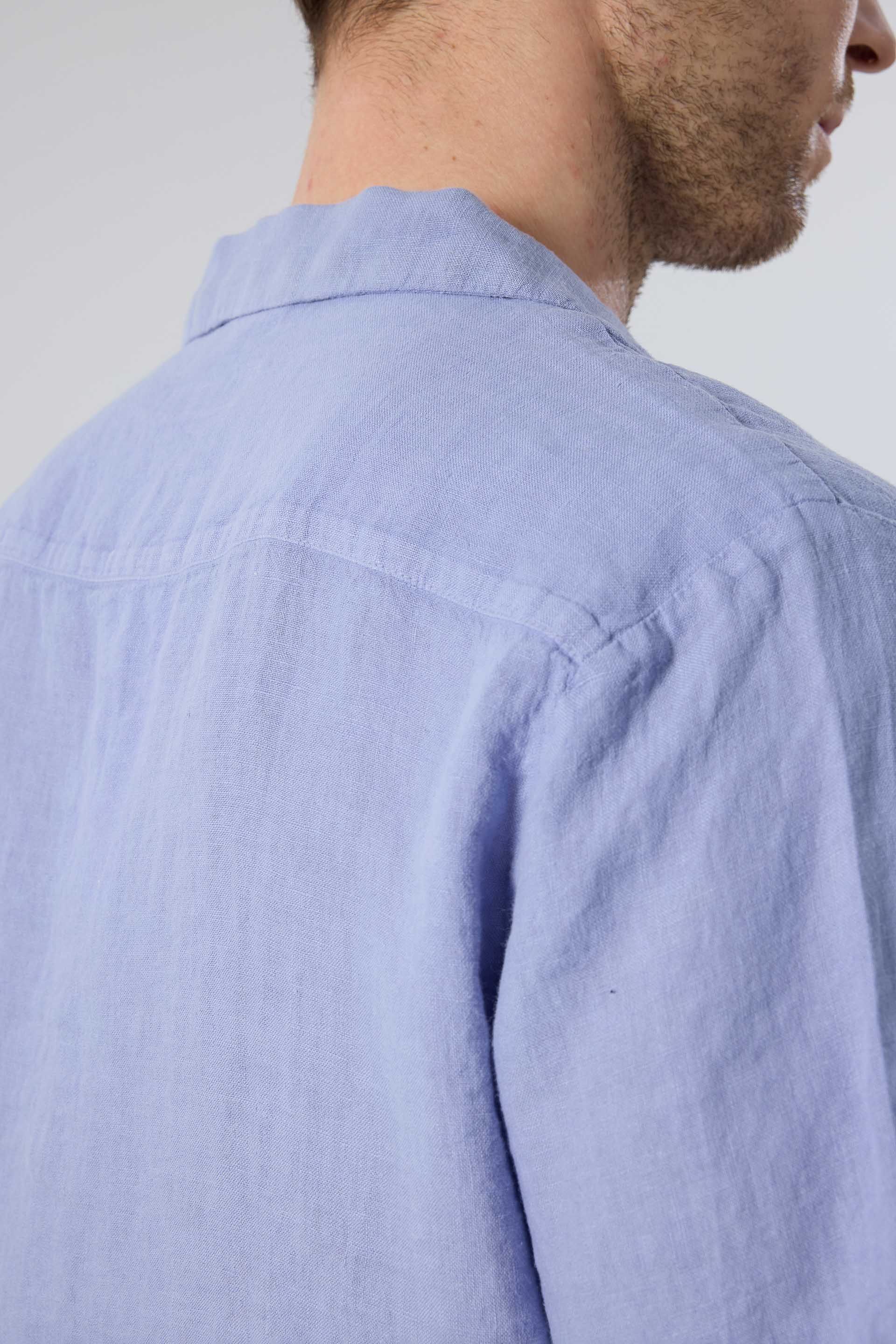 Yatık Yakalı Kısa Kollu Keten Erkek Gömlek #renk_Denim Blue