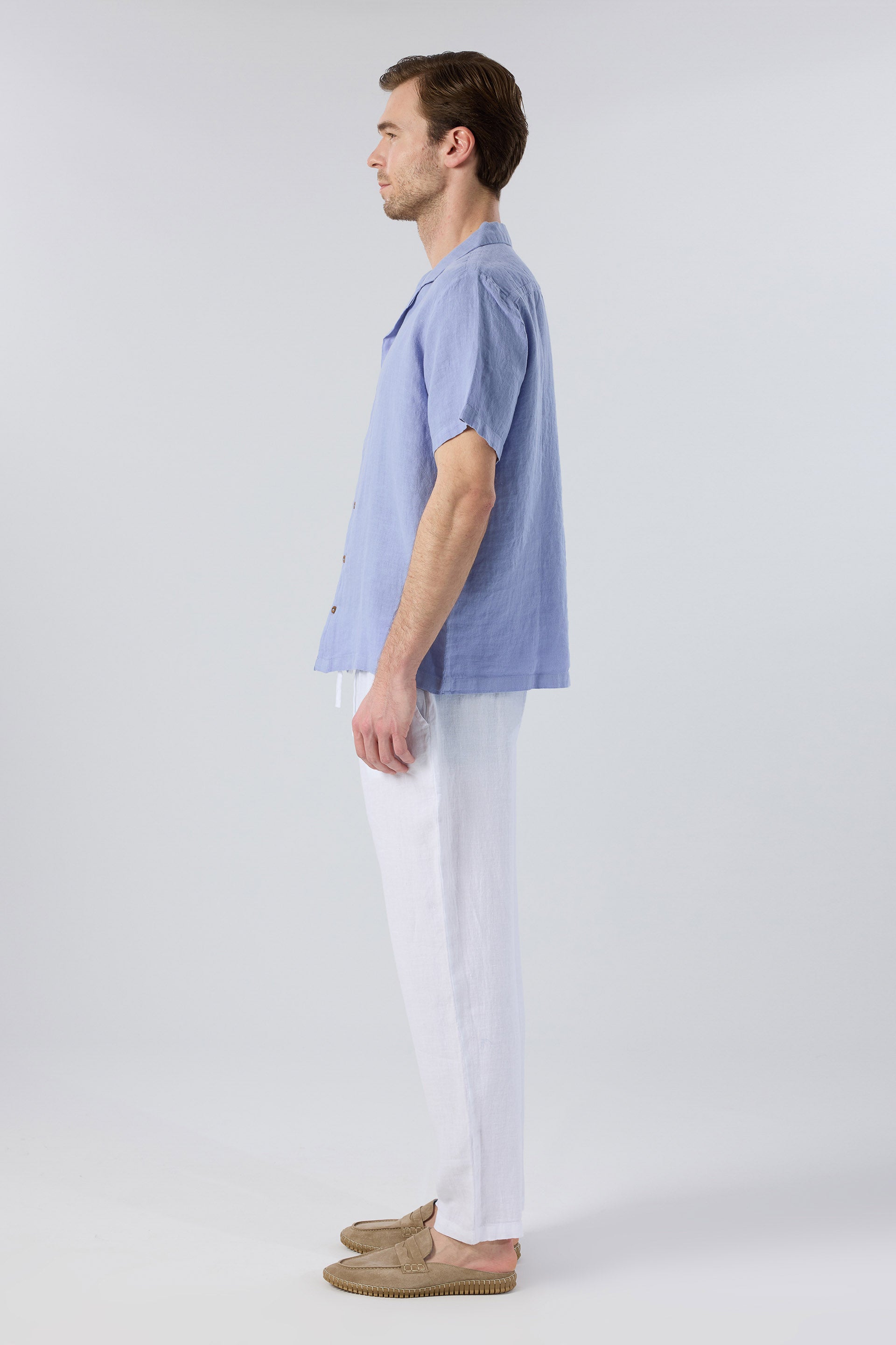 Yatık Yakalı Kısa Kollu Keten Erkek Gömlek #renk_Denim Blue