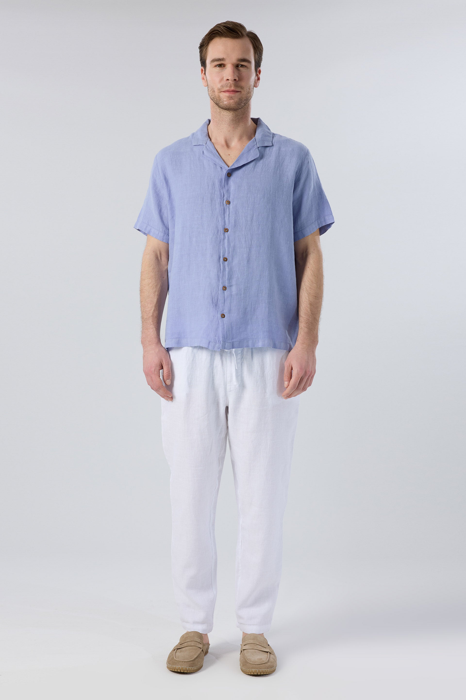 Yatık Yakalı Kısa Kollu Keten Erkek Gömlek #renk_Denim Blue