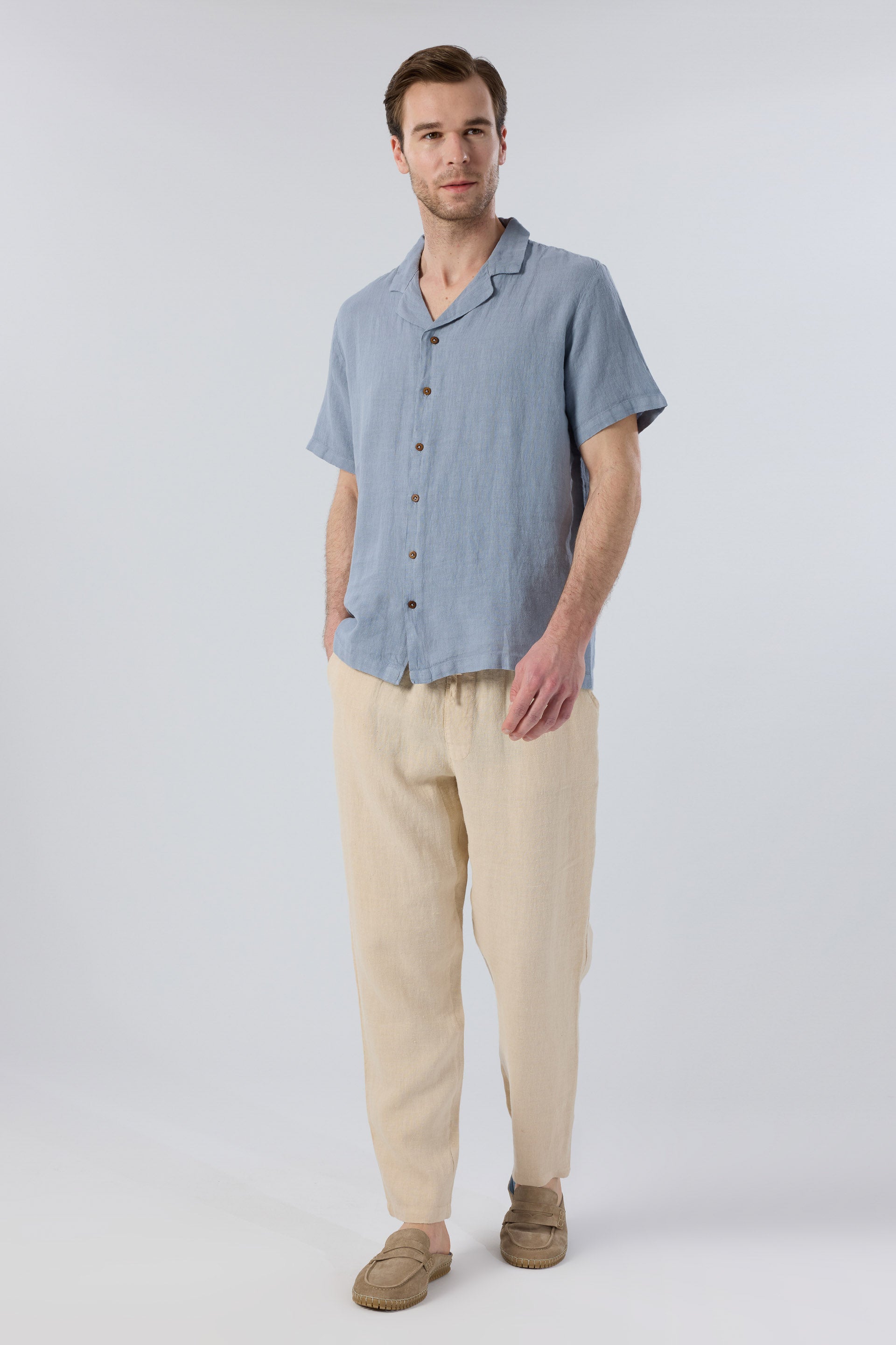 Yatık Yakalı Kısa Kollu Keten Erkek Gömlek #renk_Puslu Mavi