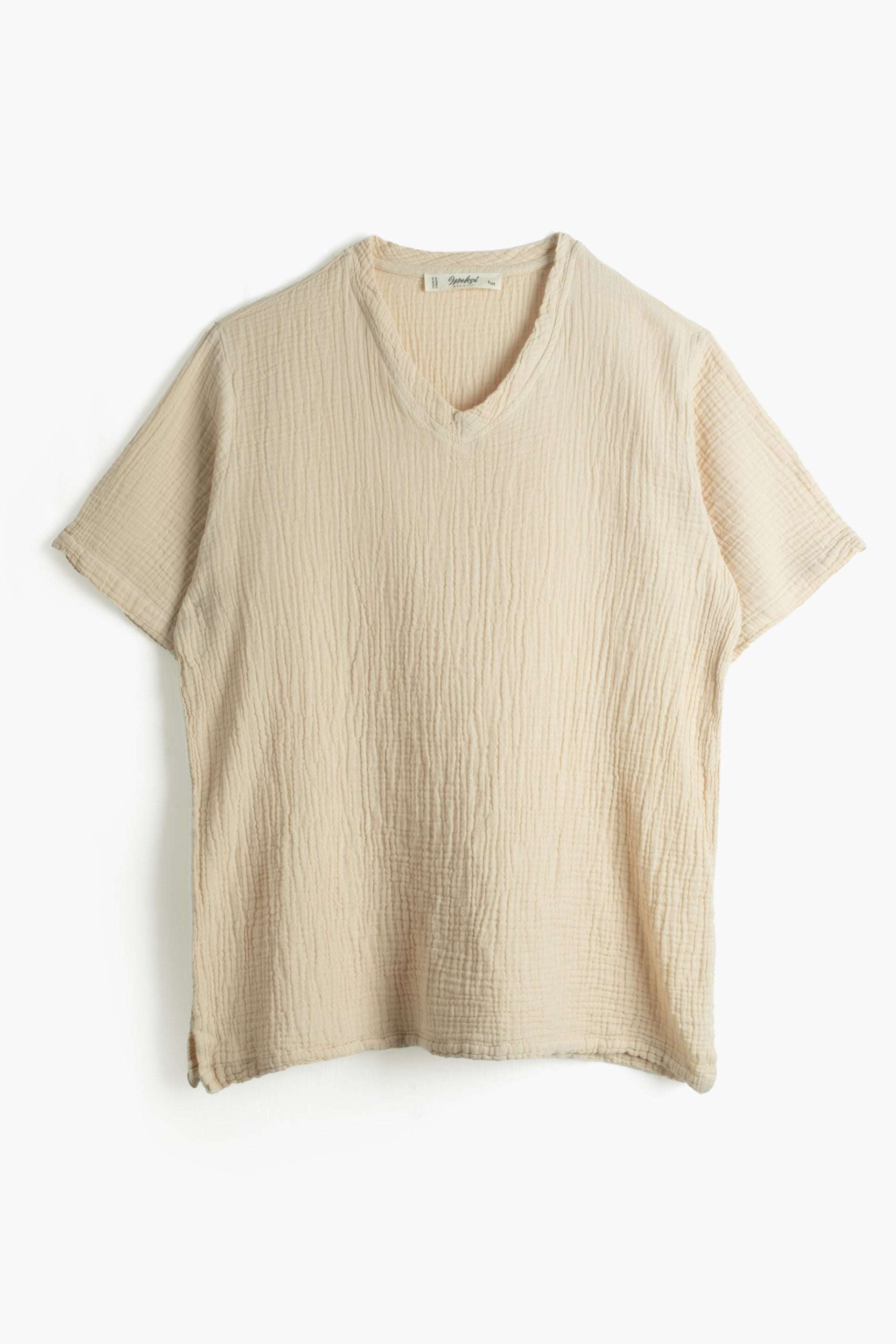 Nomad V Yaka Müslin Erkek Oversize Tişört #renk_Bej