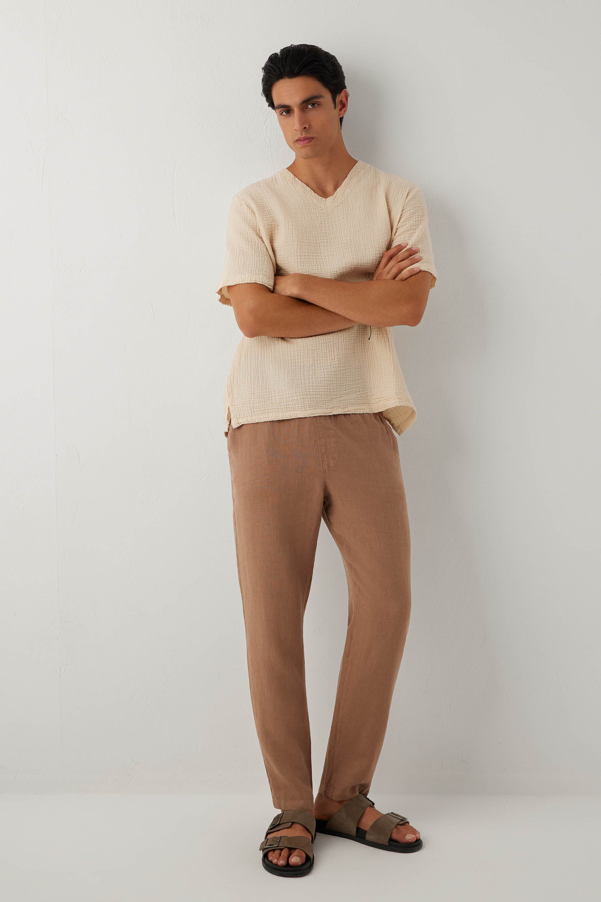 Nomad V Yaka Müslin Pamuklu Oversize Erkek Tişört #renk_Bej