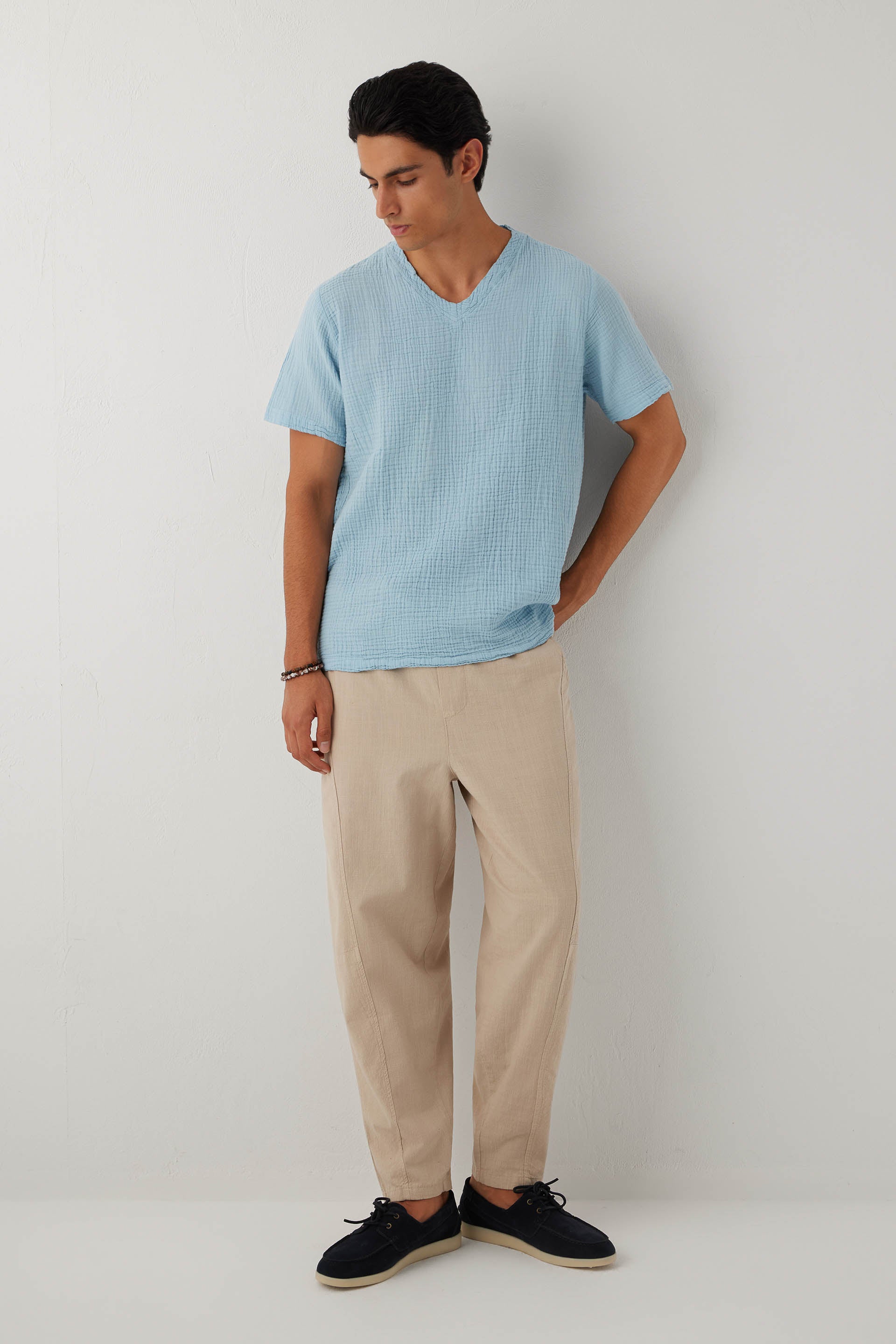 Nomad V Yaka Müslin Pamuklu Oversize Erkek Tişört #renk_Bulut Mavi