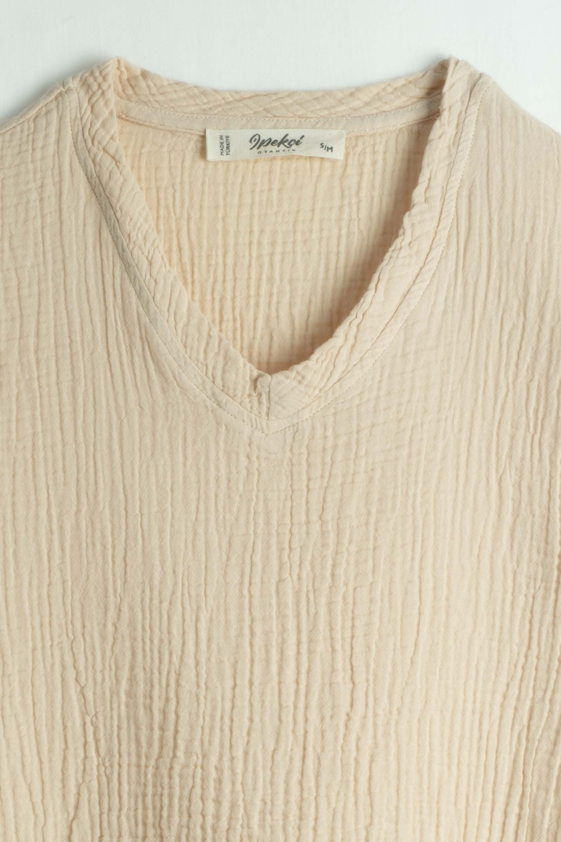 Nomad V Yaka Müslin Erkek Oversize Tişört #renk_Bej