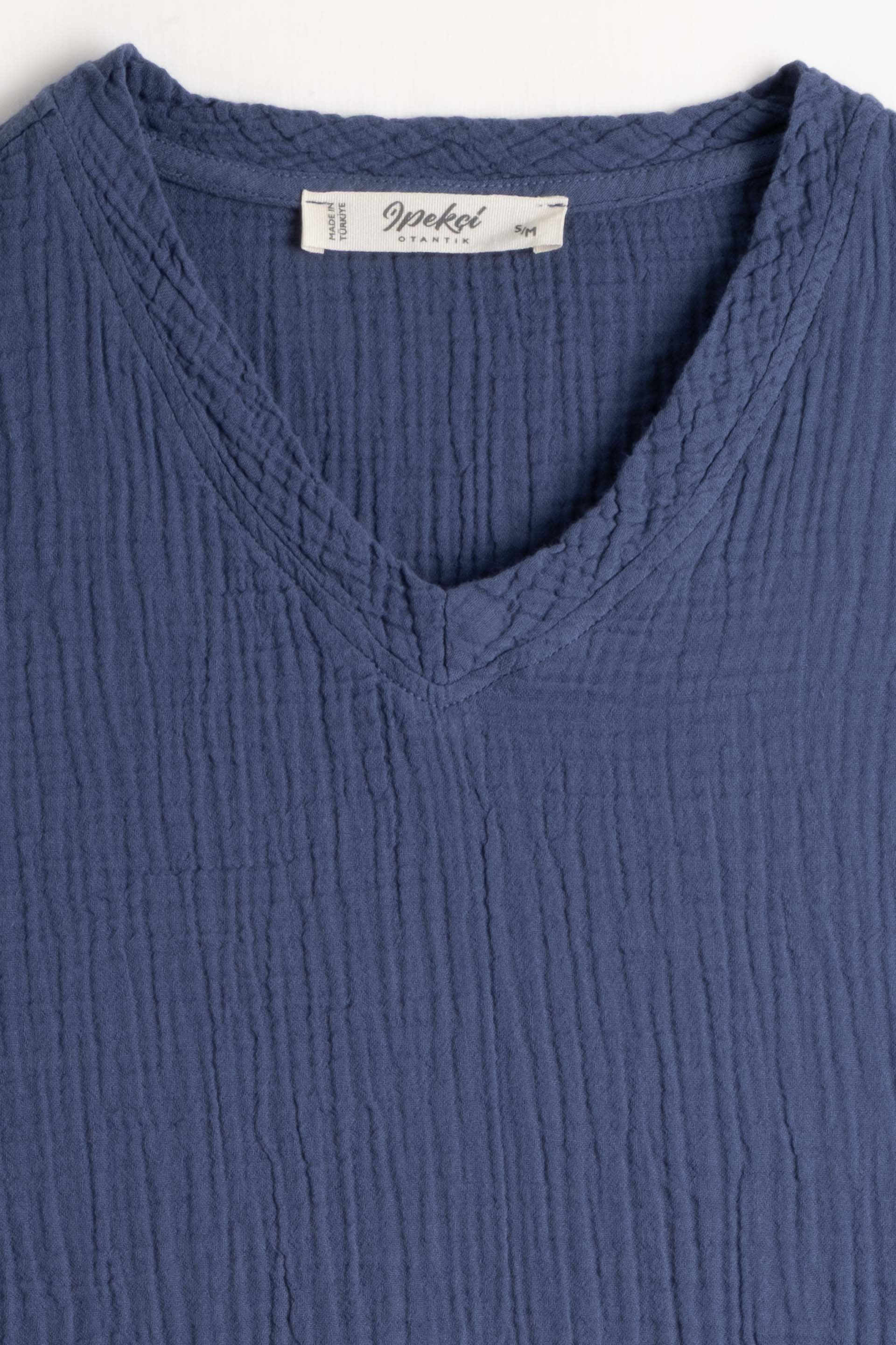 Nomad V Yaka Müslin Erkek Oversize Tişört #renk_Navy